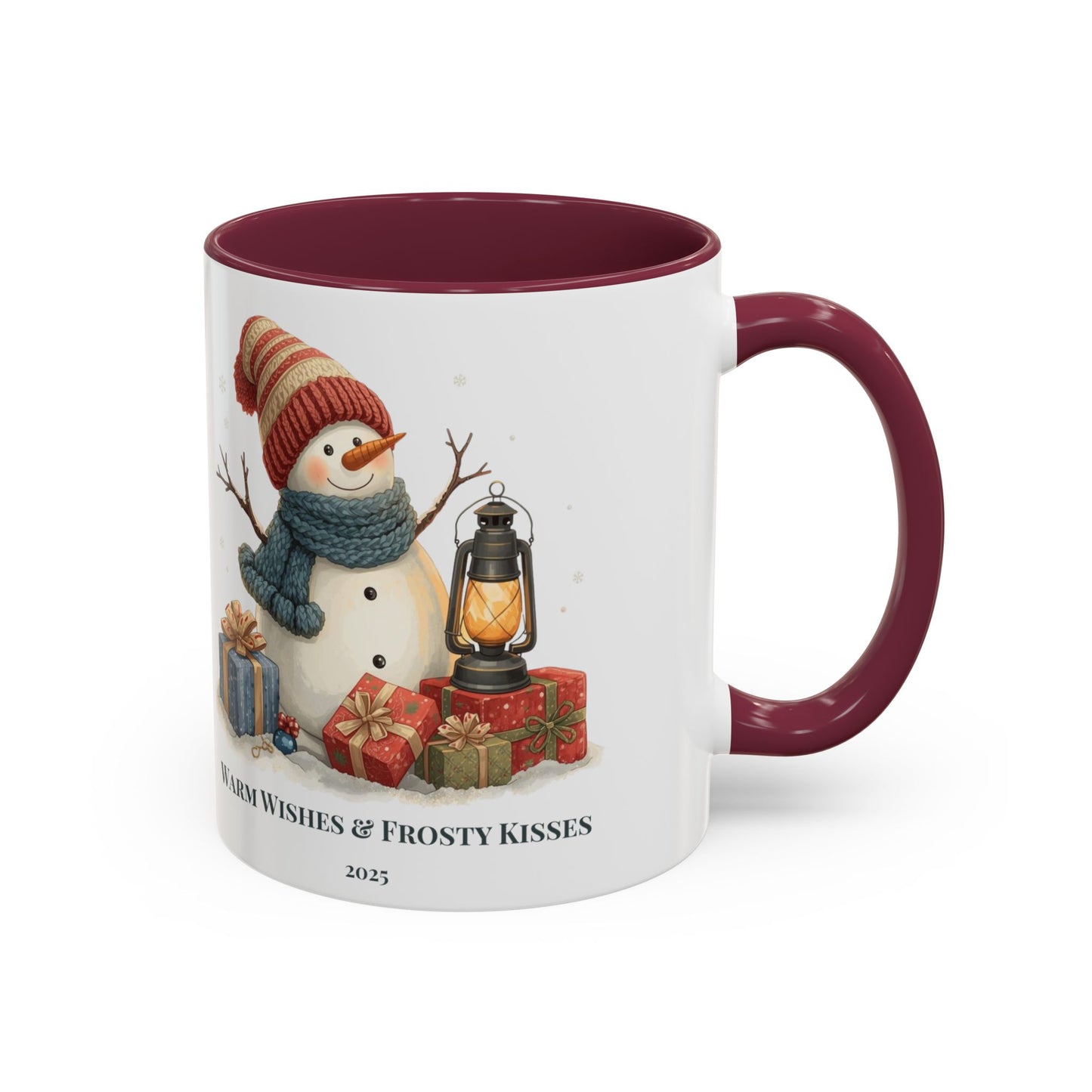 Snowman coffee mug with warm wishes and frosty kisses message, featuring a cheerful snowman and lantern design.