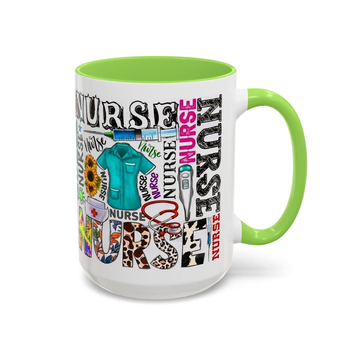 Colorful nurse coffee mug held by hands, ideal gift for nurse appreciation or nursing students.