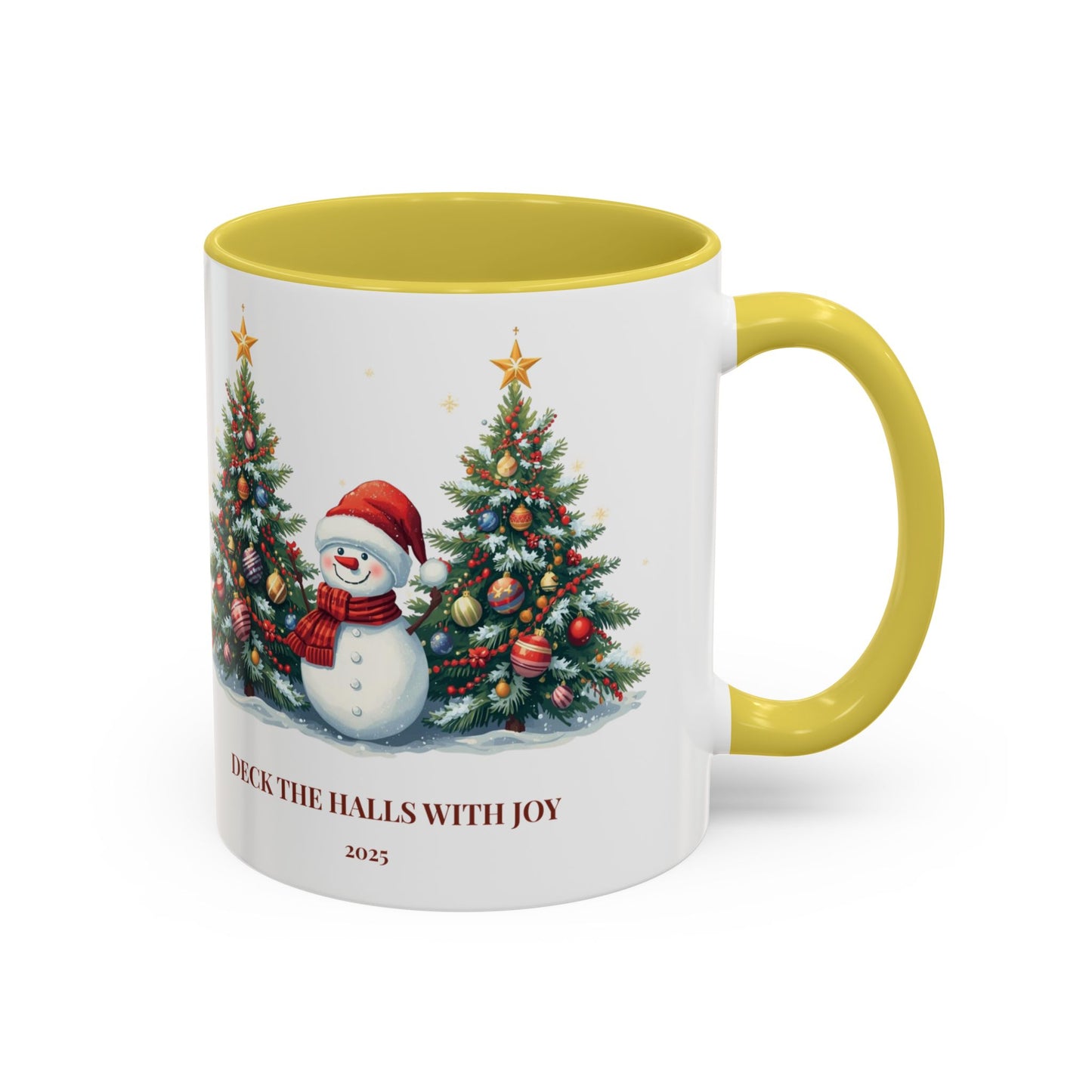 Christmas snowman mug with festive tree design, perfect for holiday drinks and cozy moments.