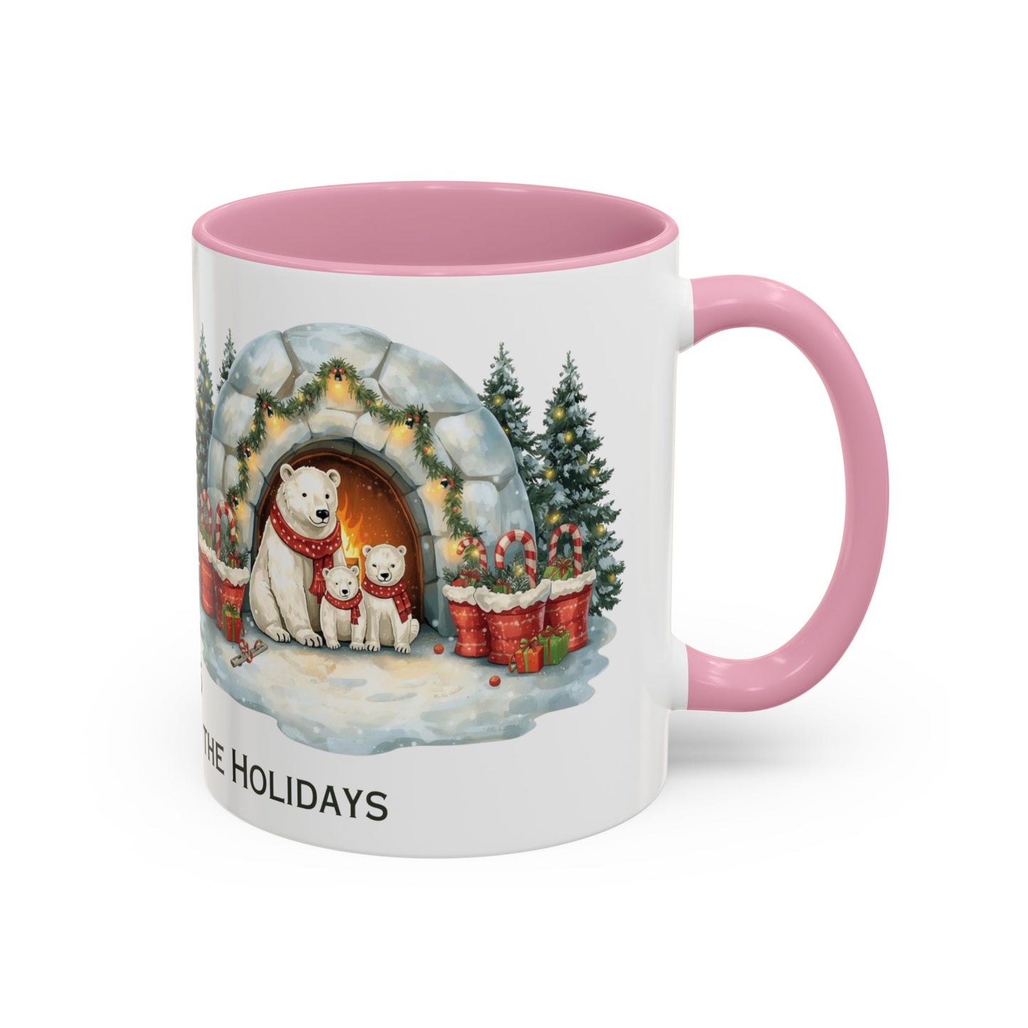 Polar Bear Christmas Mug featuring an igloo family scene with trees and holiday decorations.