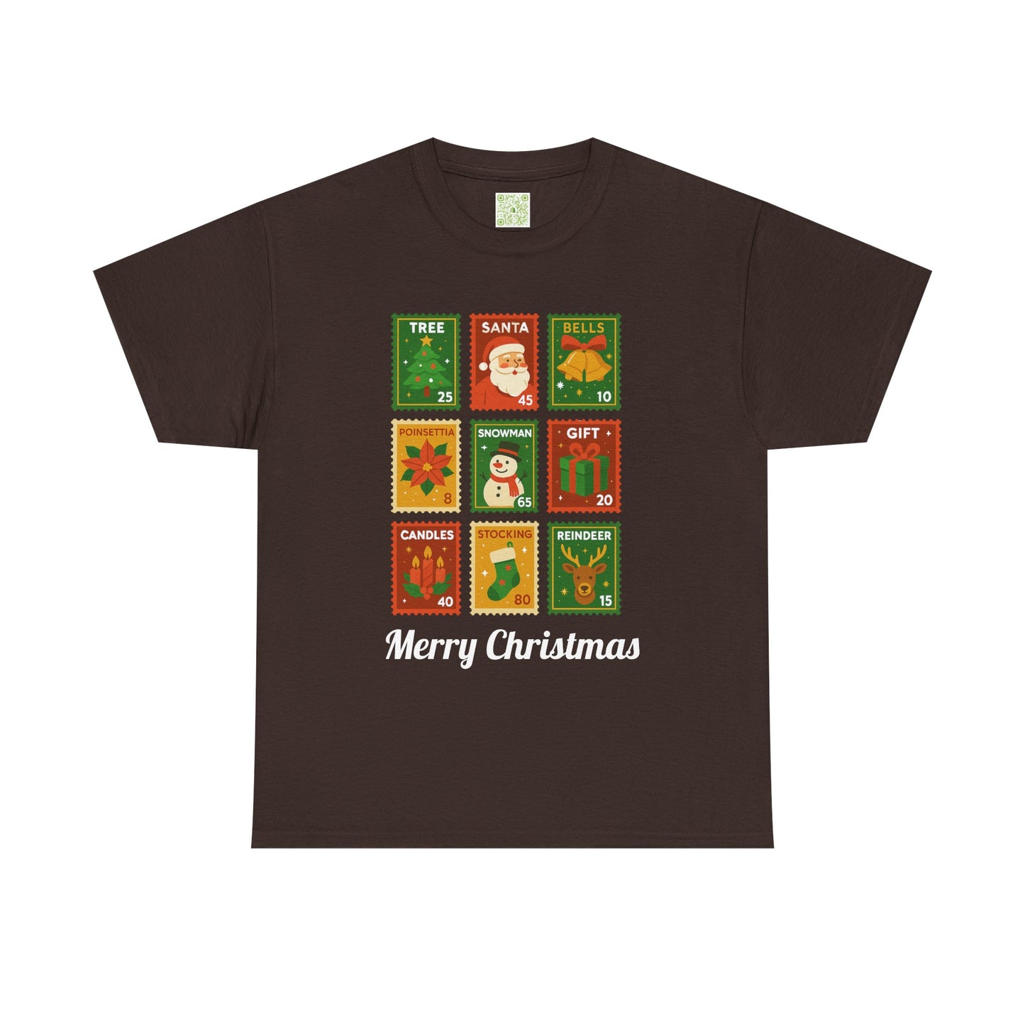 Christmas postage stamp shirt featuring festive designs and the text 'Merry Christmas'.