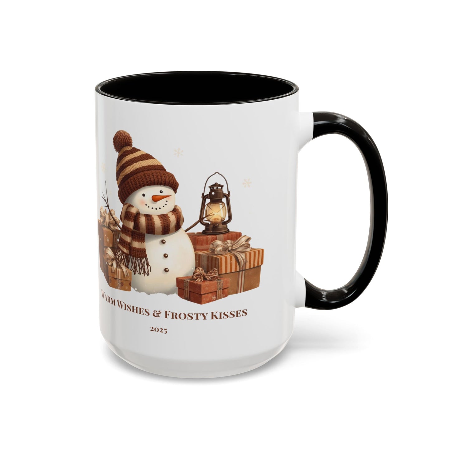 Snowman coffee mug featuring a festive design with gifts and the message 'Warm Wishes & Frosty Kisses'