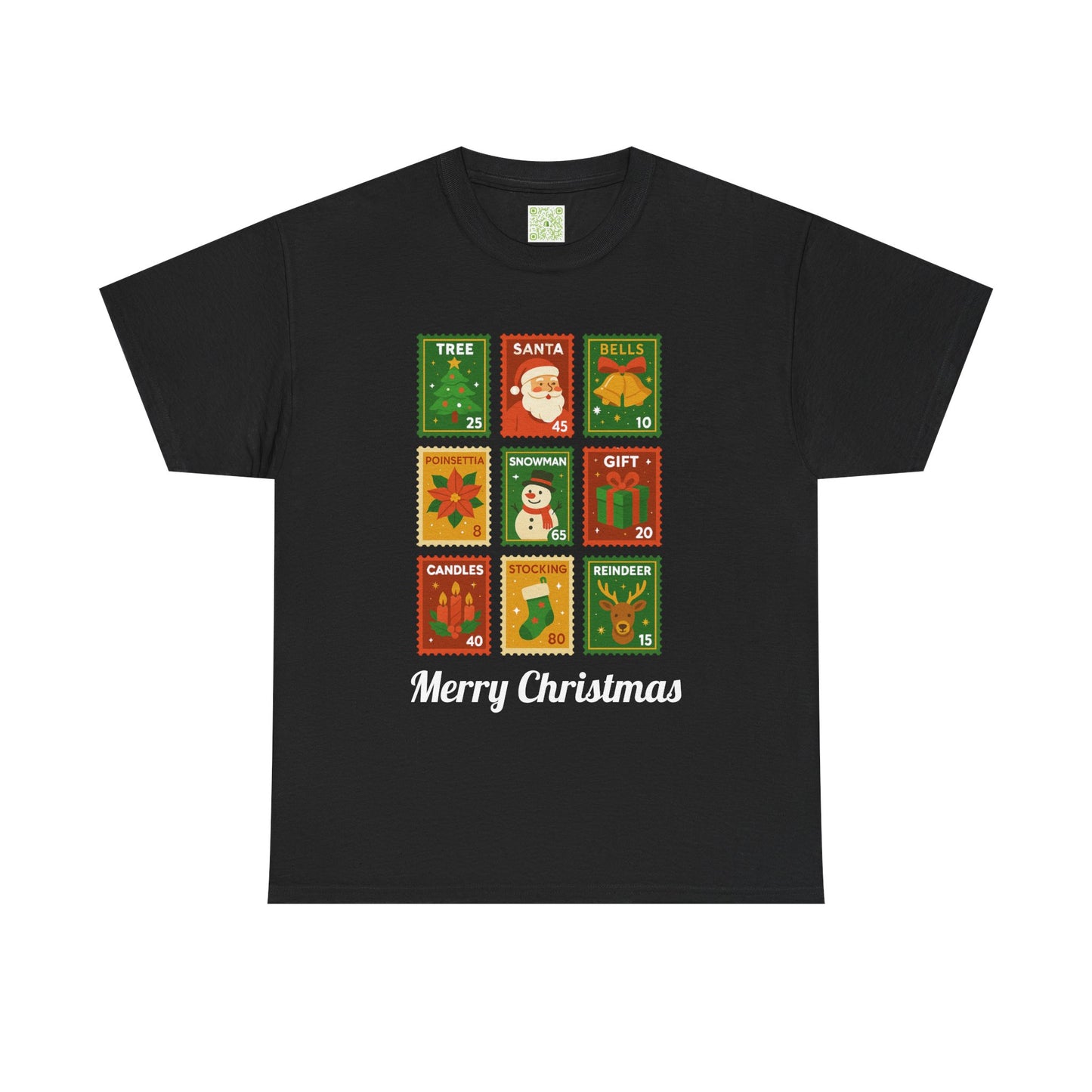 Christmas postage stamp shirt featuring festive designs and the text 'Merry Christmas'.