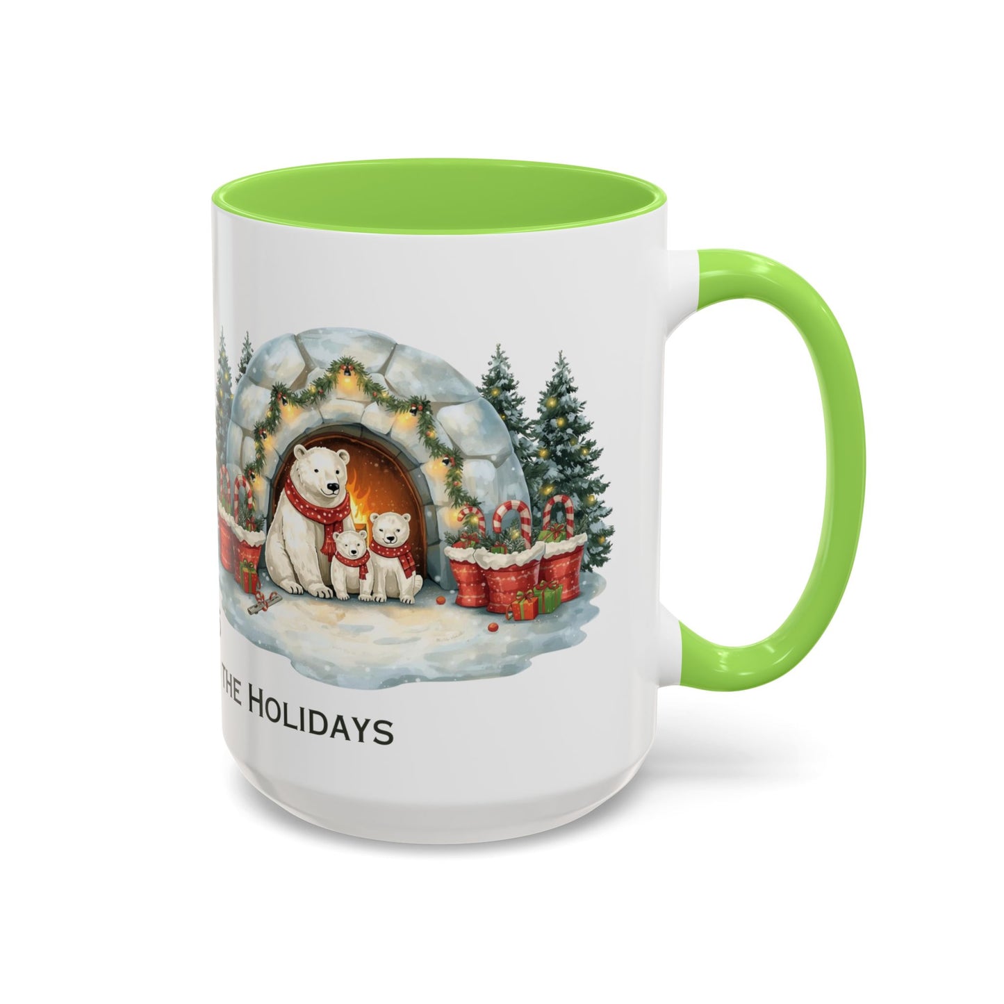 Polar Bear Christmas Mug featuring an igloo family scene with trees and holiday decorations.