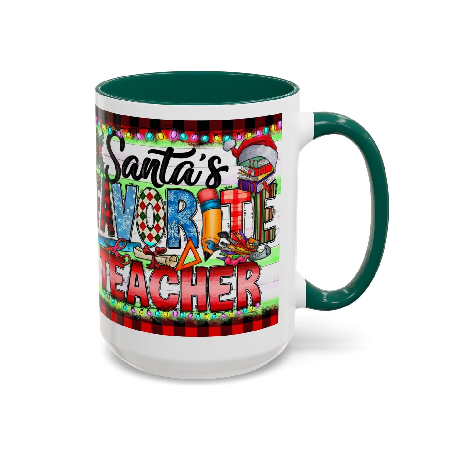  Santa's favorite teacher mug, perfect holiday gift for educators with festive design and vibrant colors.