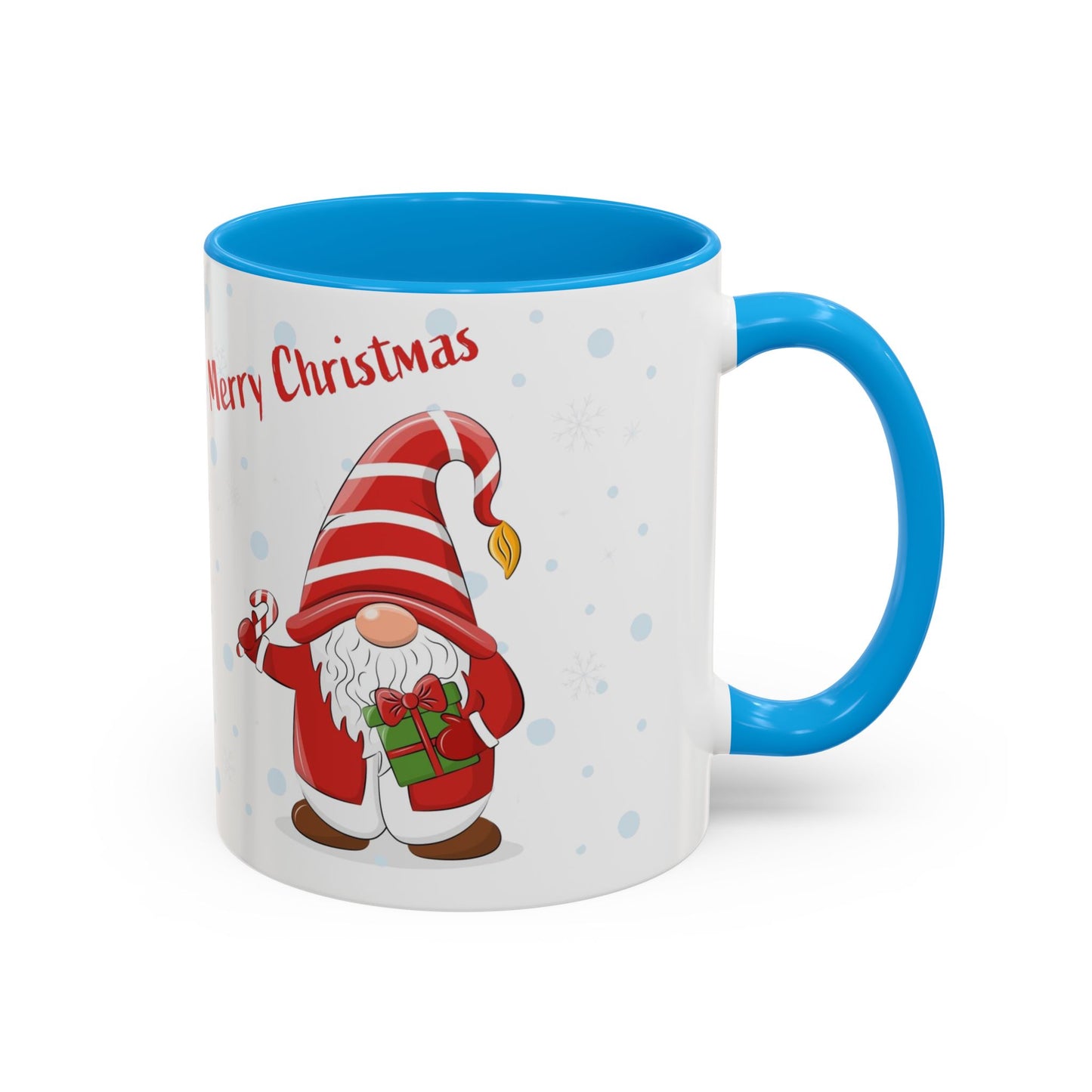 Merry Christmas gnome mug with candy cane and gift design, perfect for holiday beverages.
