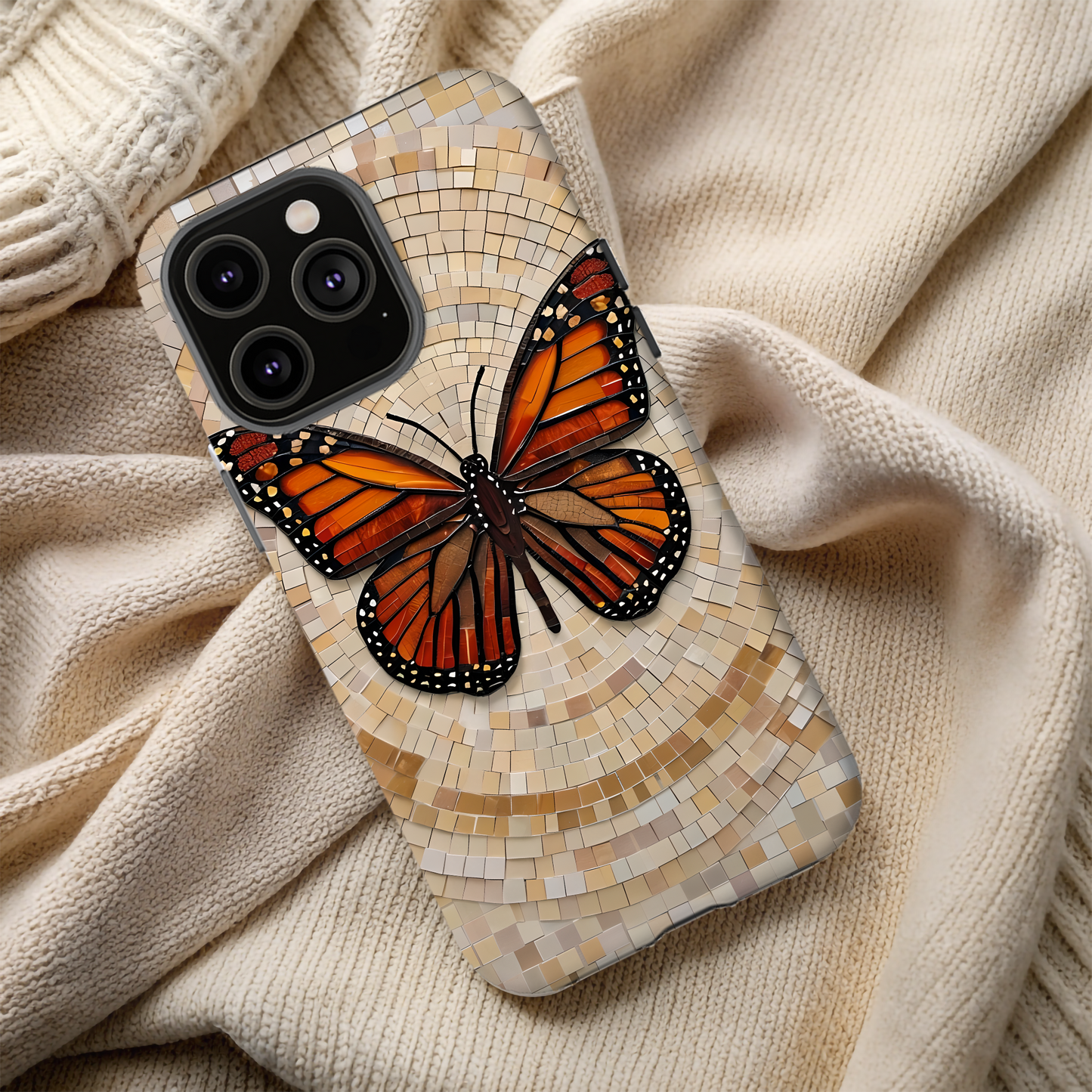 Monarch Butterfly Mosaic iPhone Case, Orange Butterfly Case, Artistic Phone Cover, Trendy iPhone Case, Wireless Charging Cover