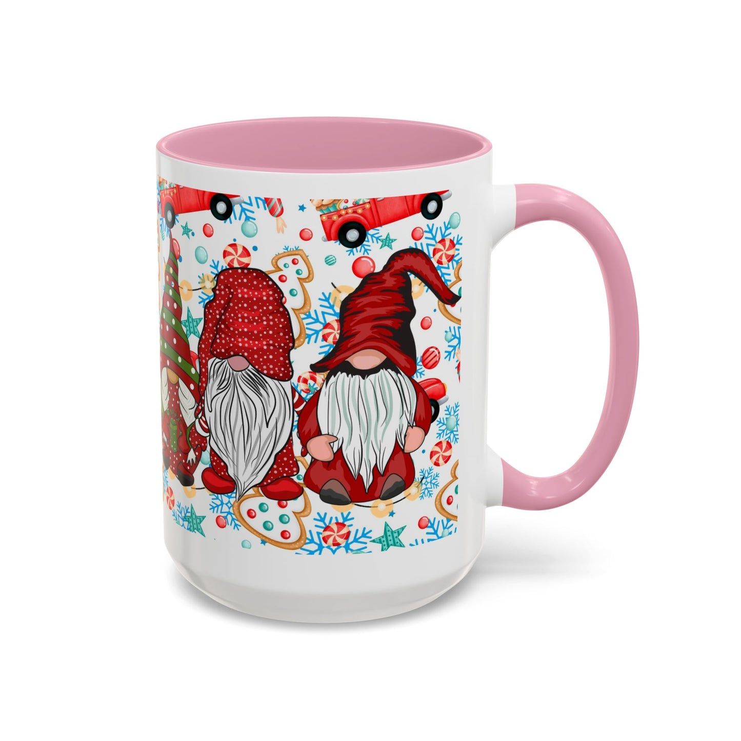 Festive Christmas gnome coffee mug with gingerbread design and snowflakes, perfect for holiday enjoyment.