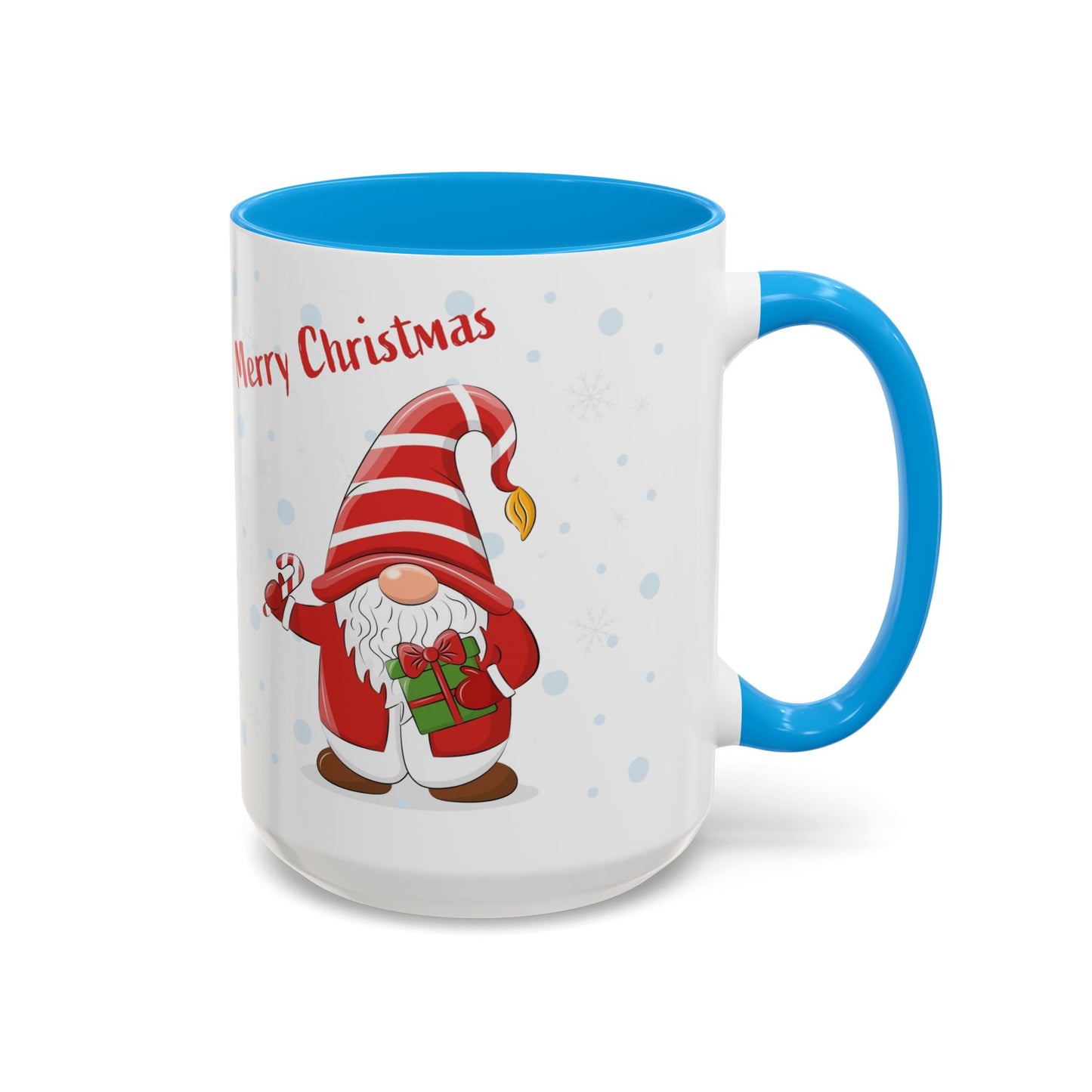 Merry Christmas gnome mug with candy cane and gift design, perfect for holiday beverages.