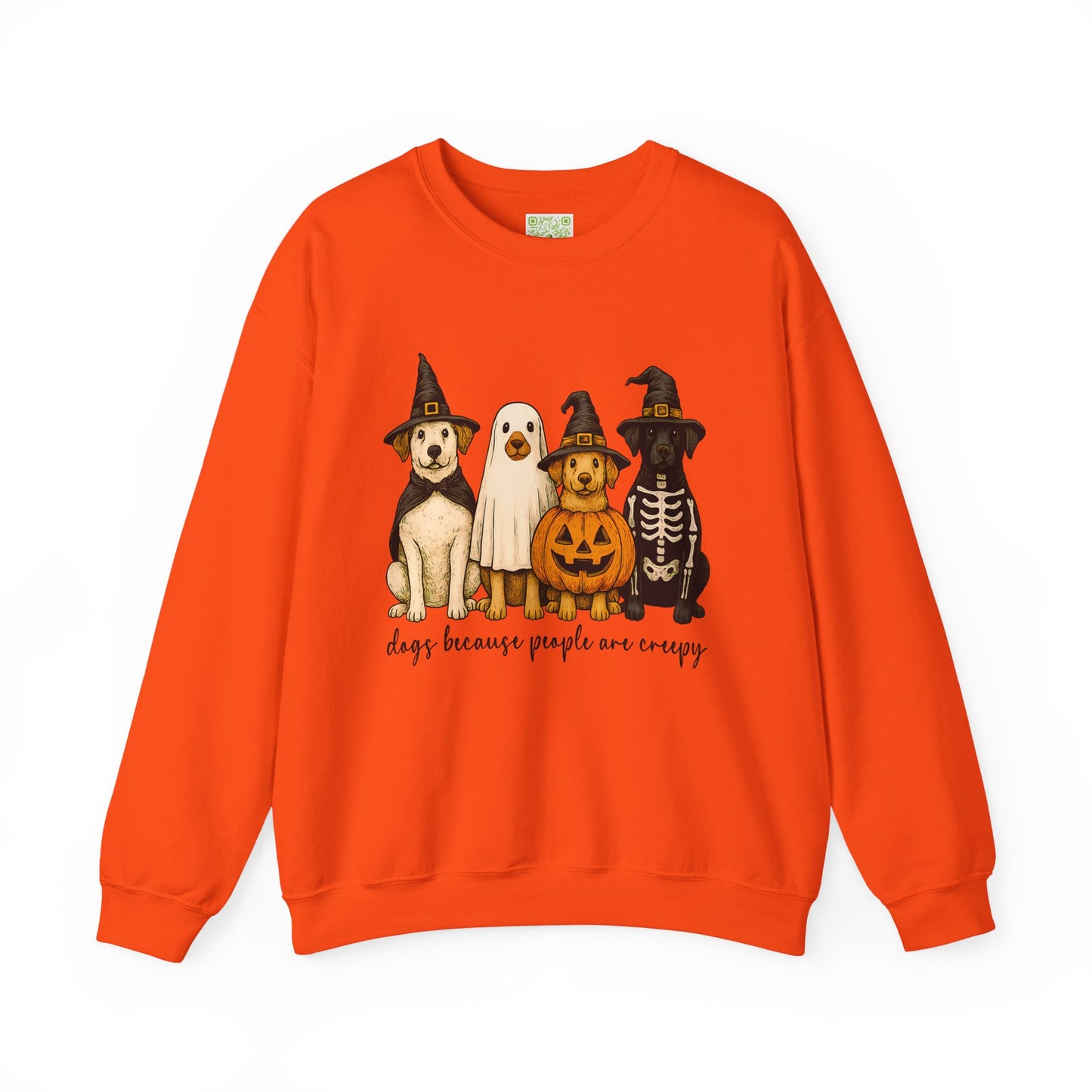 sweatshirt featuring cute dogs in Halloween costumes with text 'dogs because people are creepy'.