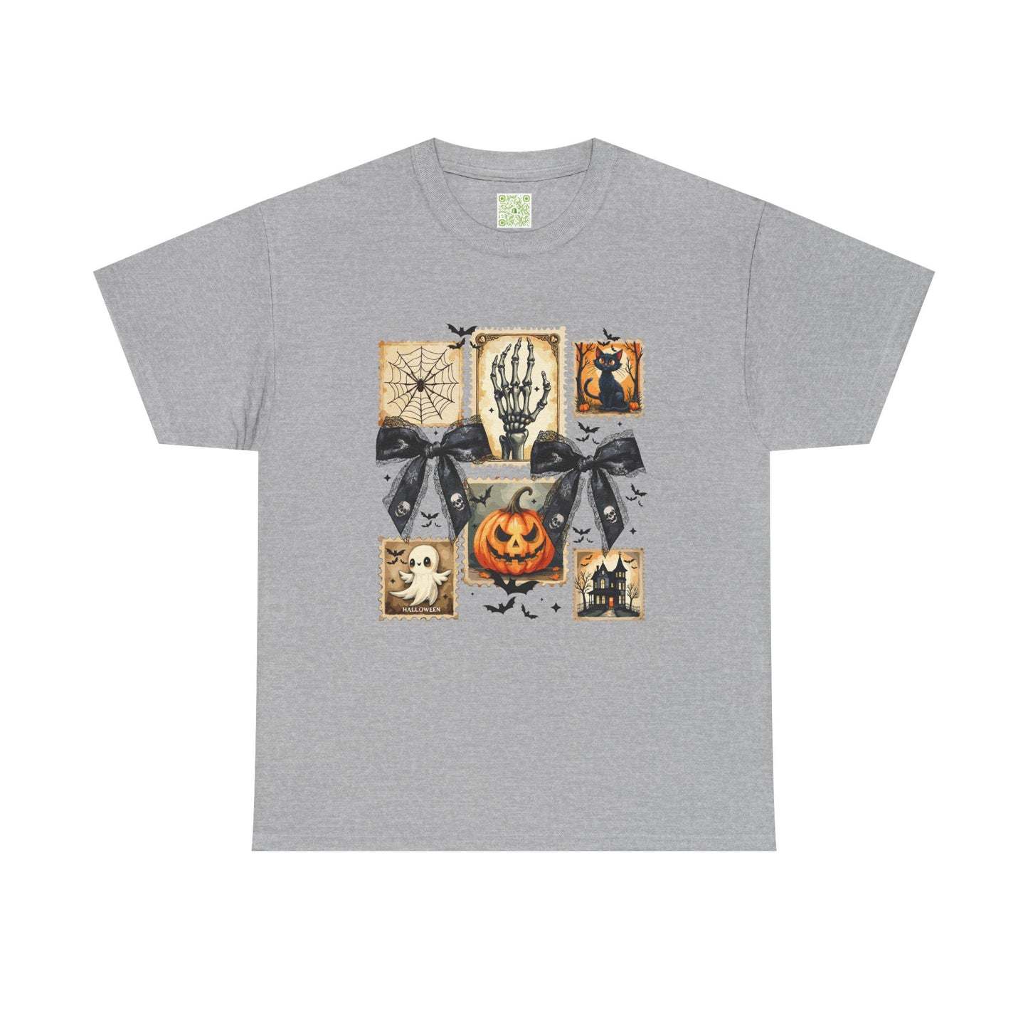 Halloween themed shirt featuring a pumpkin, skeleton, black cat, and spooky elements on a gray t-shirt.