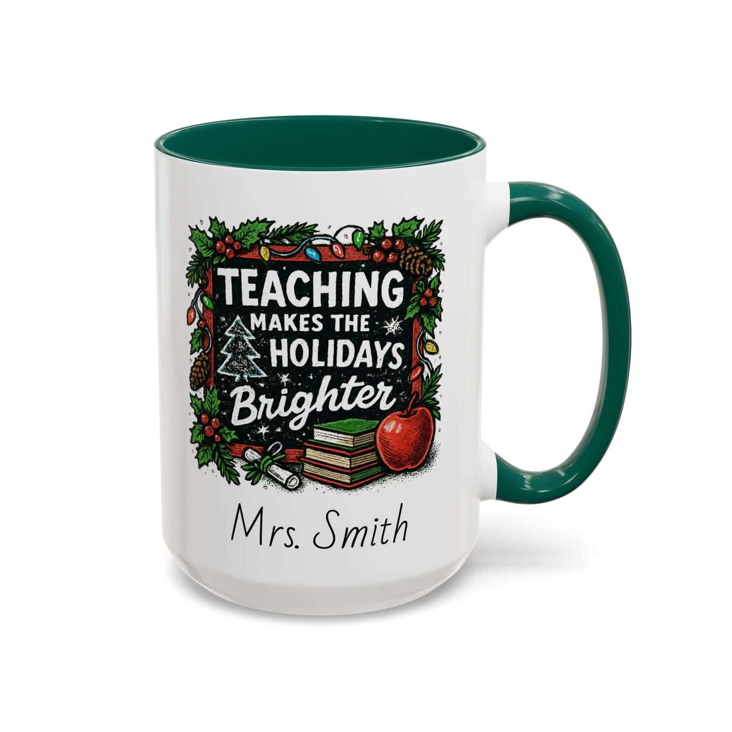 Personalized teacher holiday mug with festive design, marshmallows, and candy cane for a joyful gift.