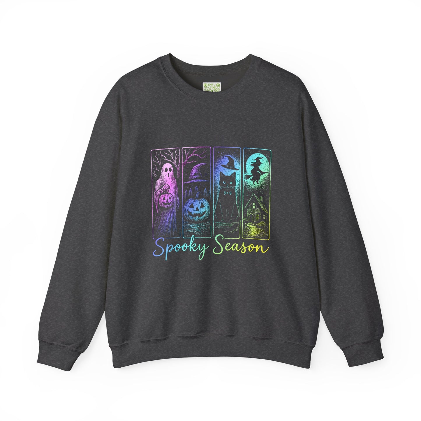 Spooky Season sweatshirt featuring a colorful ghost, pumpkin, black cat, and witch design, perfect for Halloween.