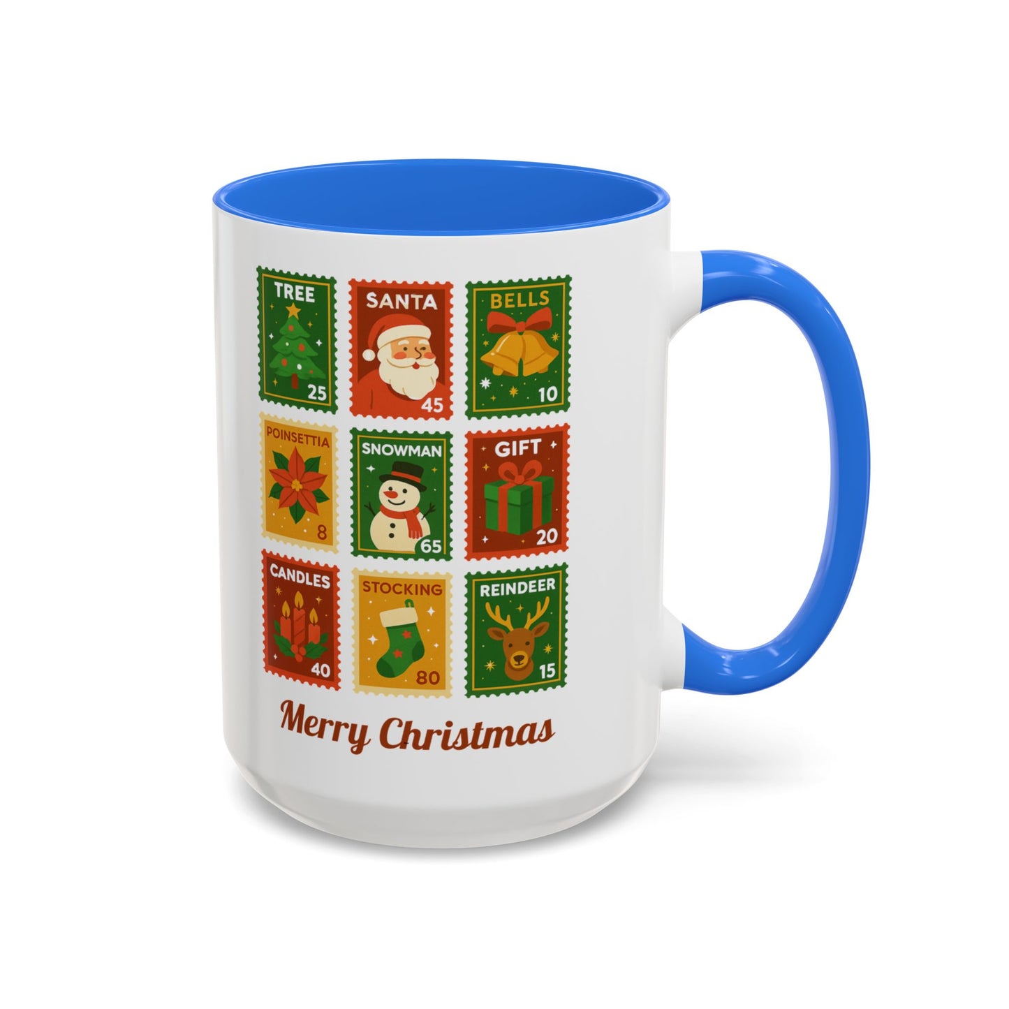 Colorful Holiday Stamp Mug, Festive Mug, Hot Cocoa Mug, Gift for Her, Secret Santa Gift, Stamp Collector, Christmas Mug
