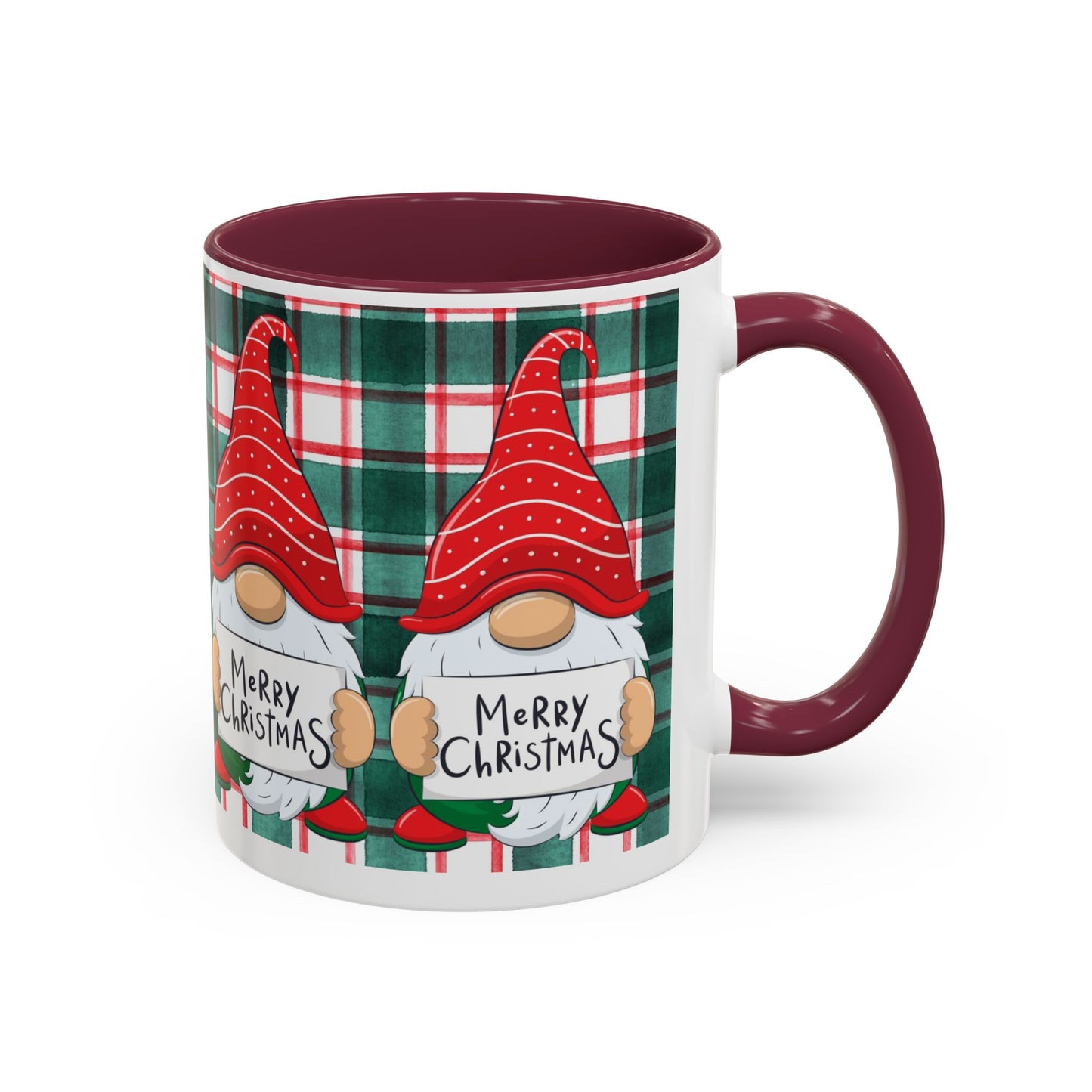 Festive Christmas gnome mug with holiday design, featuring gnomes and a plaid background.