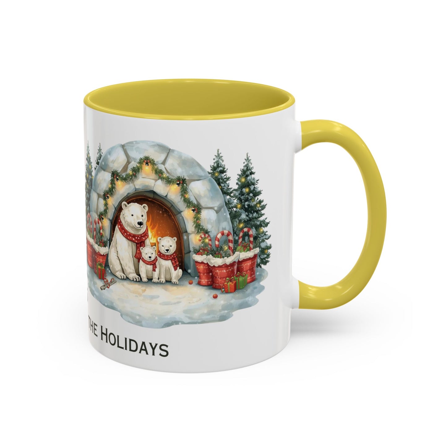 Polar Bear Christmas Mug featuring an igloo family scene with trees and holiday decorations.