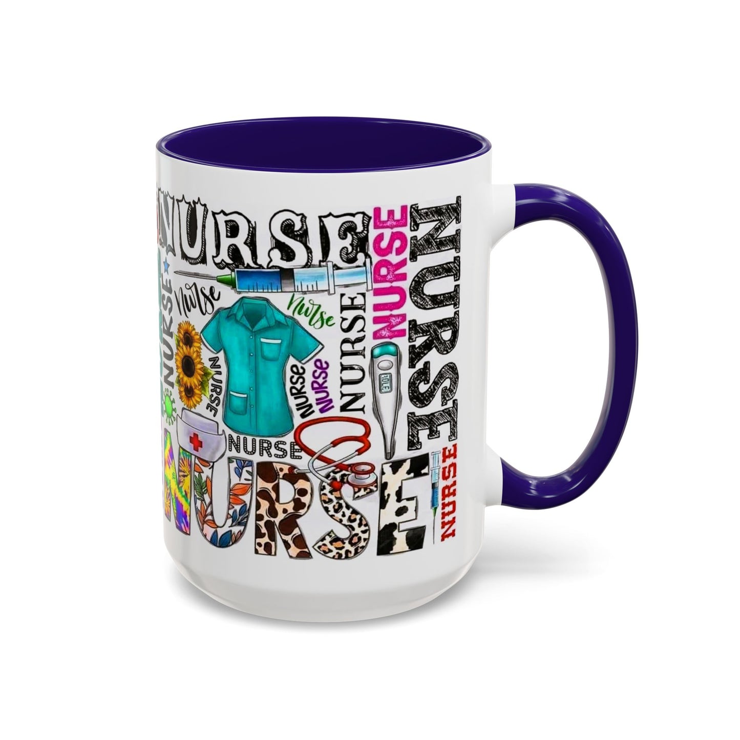 Colorful nurse coffee mug held by hands, ideal gift for nurse appreciation or nursing students.
