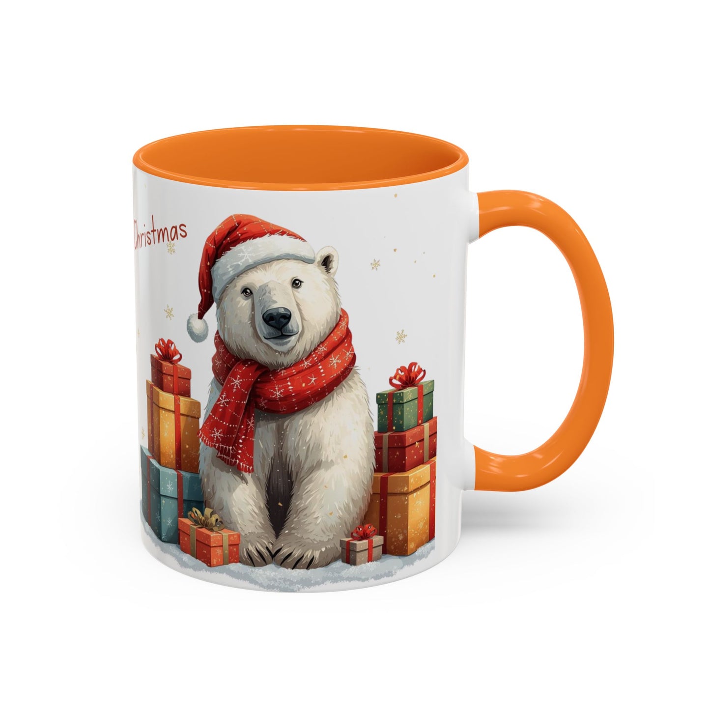 Cute Polar Bear Christmas mug with a red scarf and Santa hat, surrounded by colorful gift boxes.