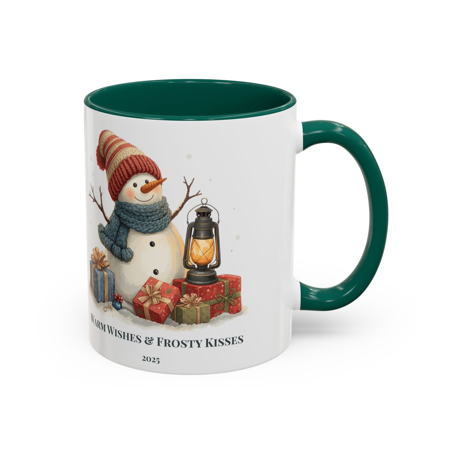 Snowman coffee mug with warm wishes and frosty kisses message, featuring a cheerful snowman and lantern design.