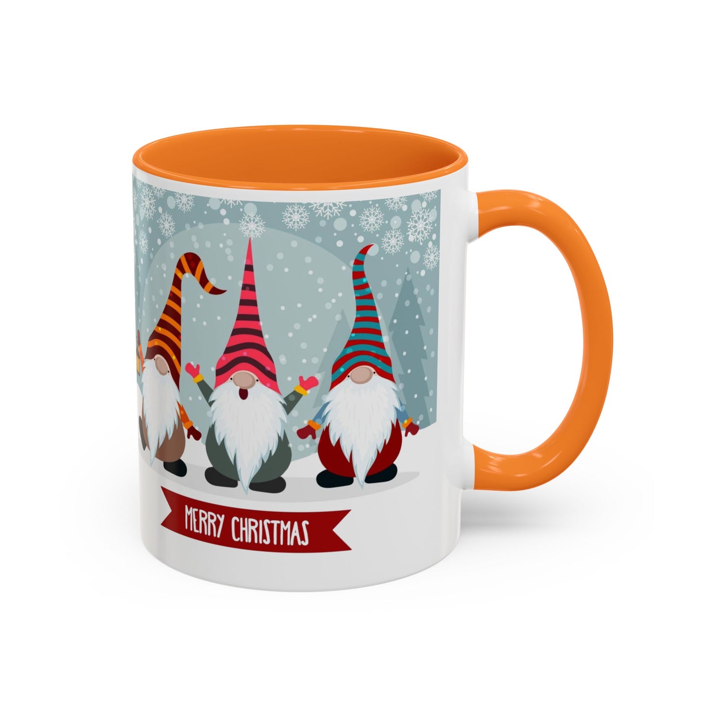 Merry Christmas gnome mug featuring colorful gnomes in festive hats, perfect for holiday coffee.
