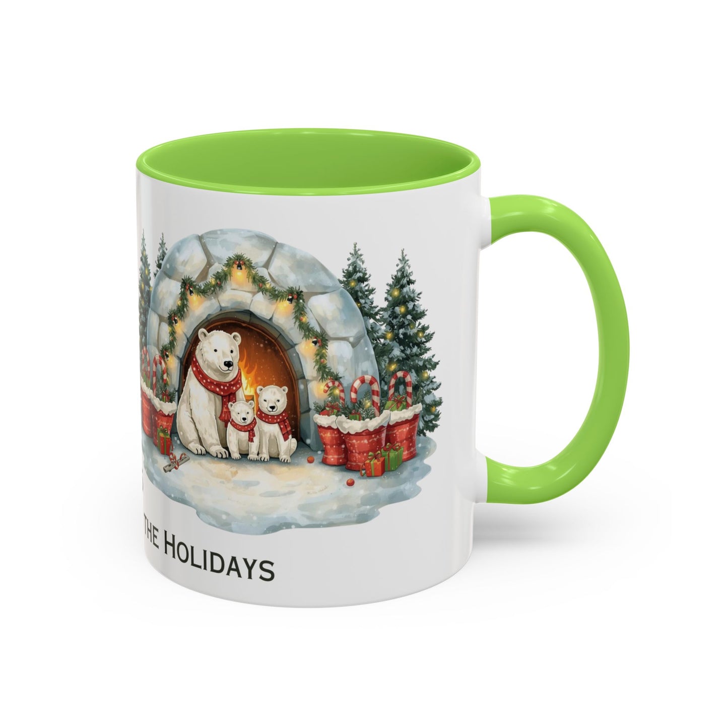 Polar Bear Christmas Mug featuring an igloo family scene with trees and holiday decorations.