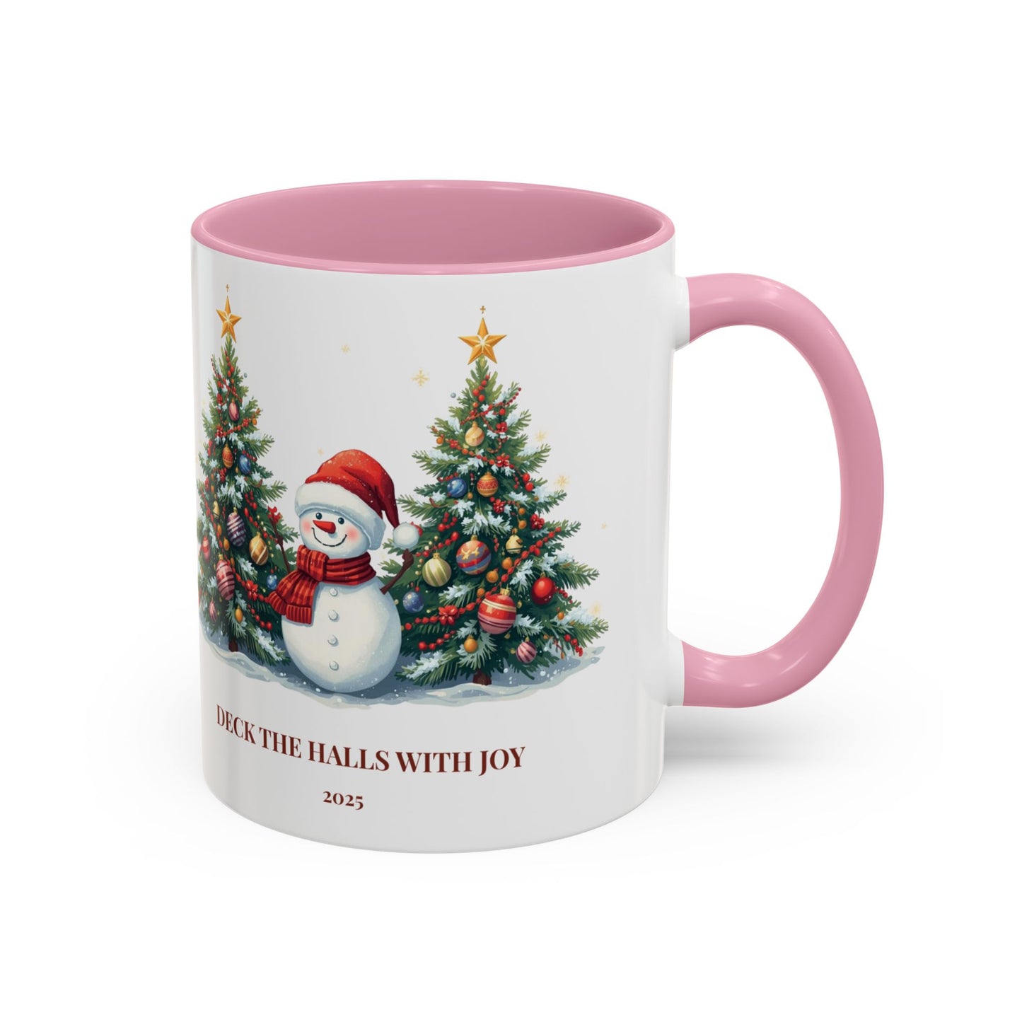 Christmas snowman mug with festive tree design, perfect for holiday drinks and cozy moments.