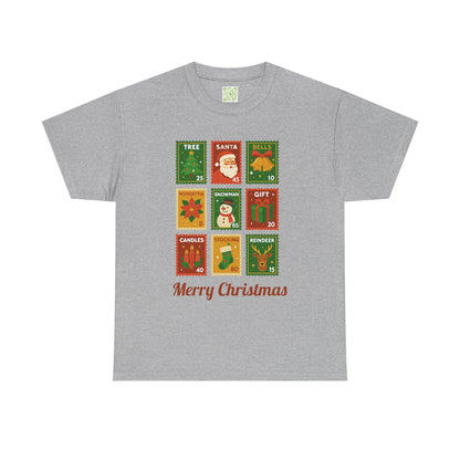 Christmas postage stamp shirt featuring festive designs and the text 'Merry Christmas'.