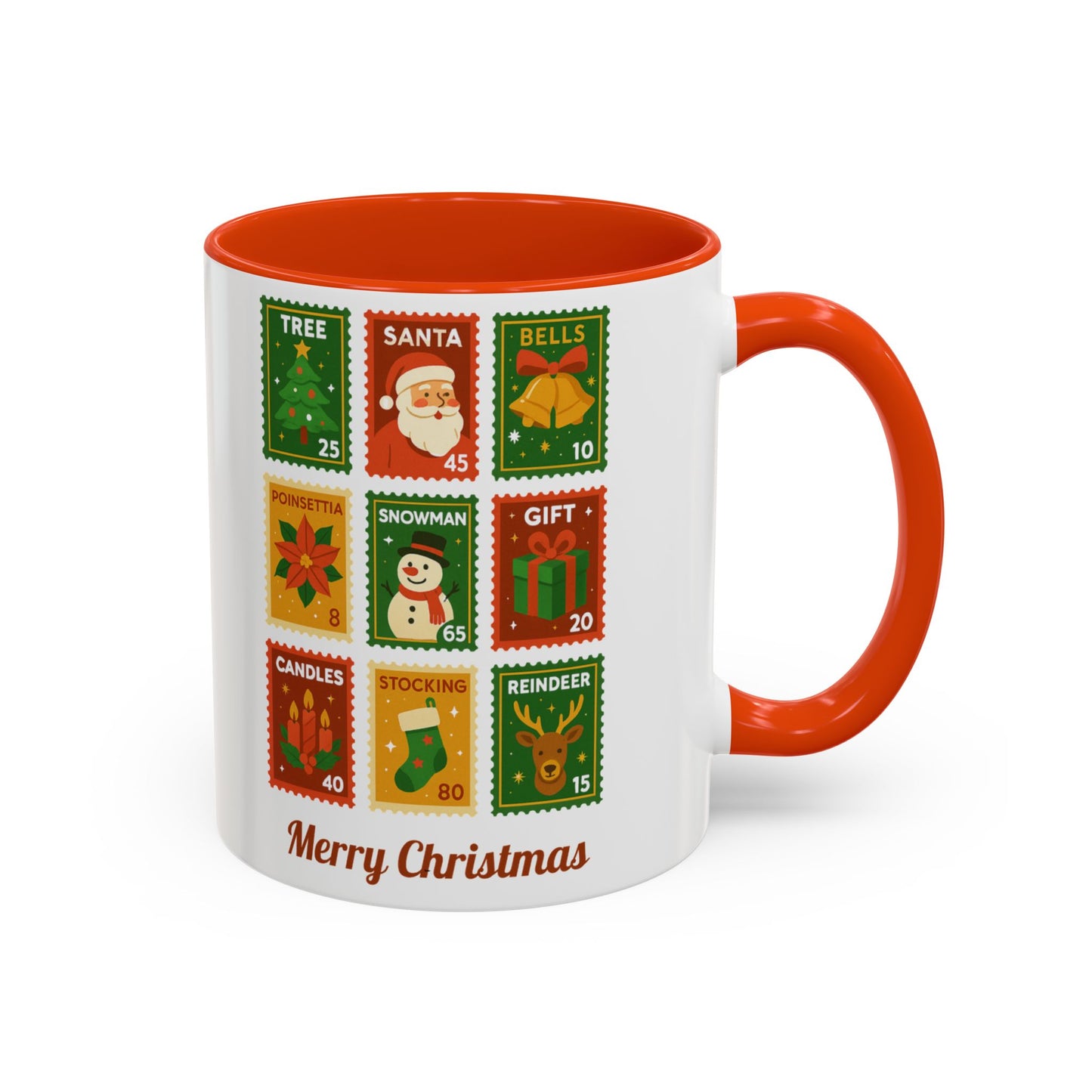 Colorful Holiday Stamp Mug, Festive Mug, Hot Cocoa Mug, Gift for Her, Secret Santa Gift, Stamp Collector, Christmas Mug