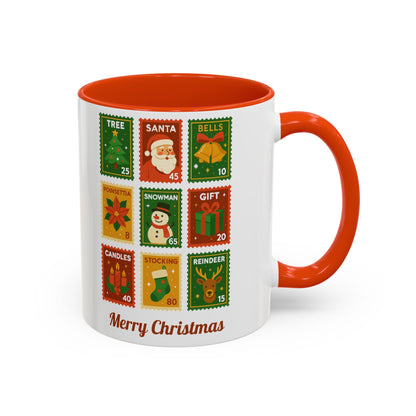 Colorful Holiday Stamp Mug, Festive Mug, Hot Cocoa Mug, Gift for Her, Secret Santa Gift, Stamp Collector, Christmas Mug