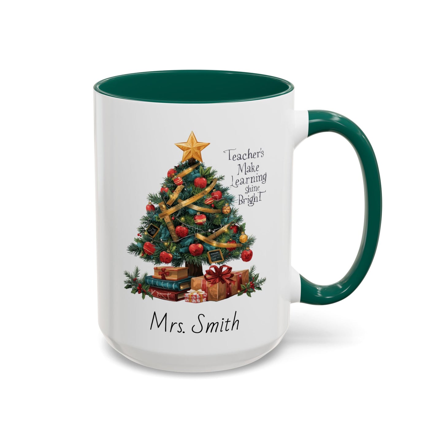 Personalized Christmas teacher mug with festive tree design, custom name, red handle, perfect holiday gift.