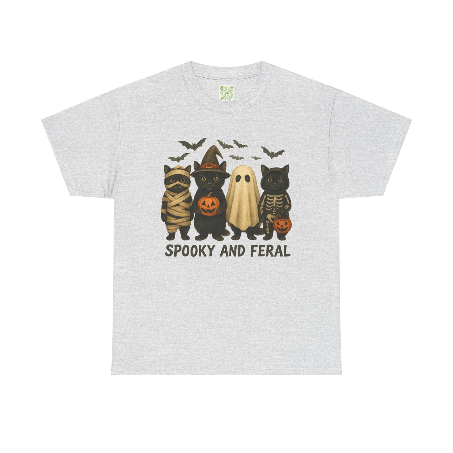 spooky black cat shirt featuring four cute Halloween characters, perfect for Halloween festivities.