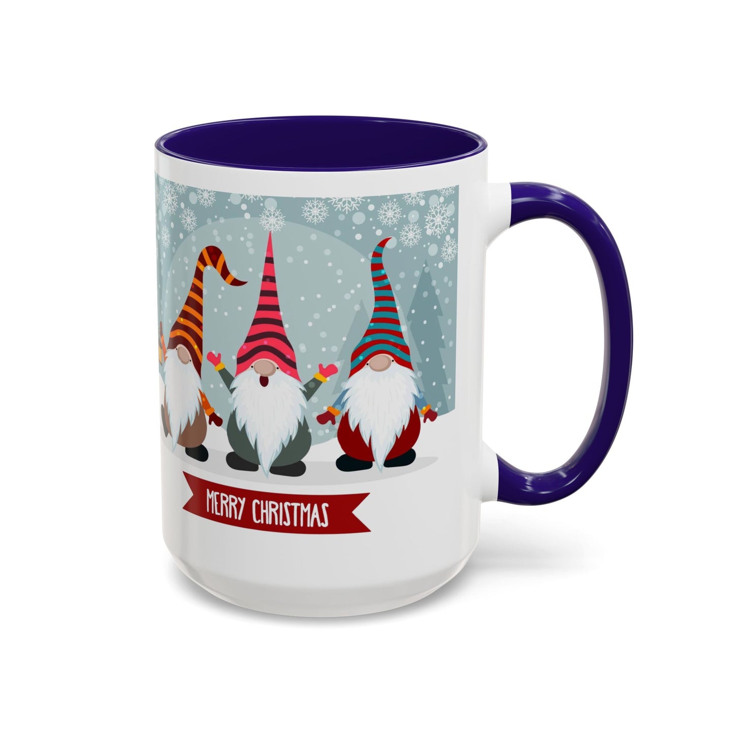 Merry Christmas gnome mug featuring colorful gnomes in festive hats, perfect for holiday coffee.