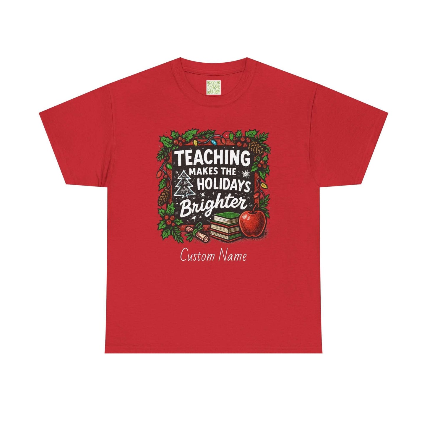 Personalized teacher holiday t-shirt in red with festive design and custom name. Perfect gift for teachers.