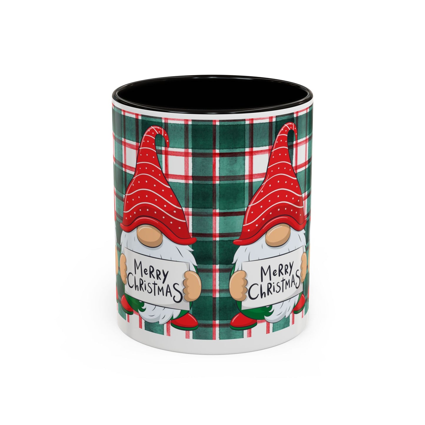 Festive Christmas gnome mug with holiday design, featuring gnomes and a plaid background.
