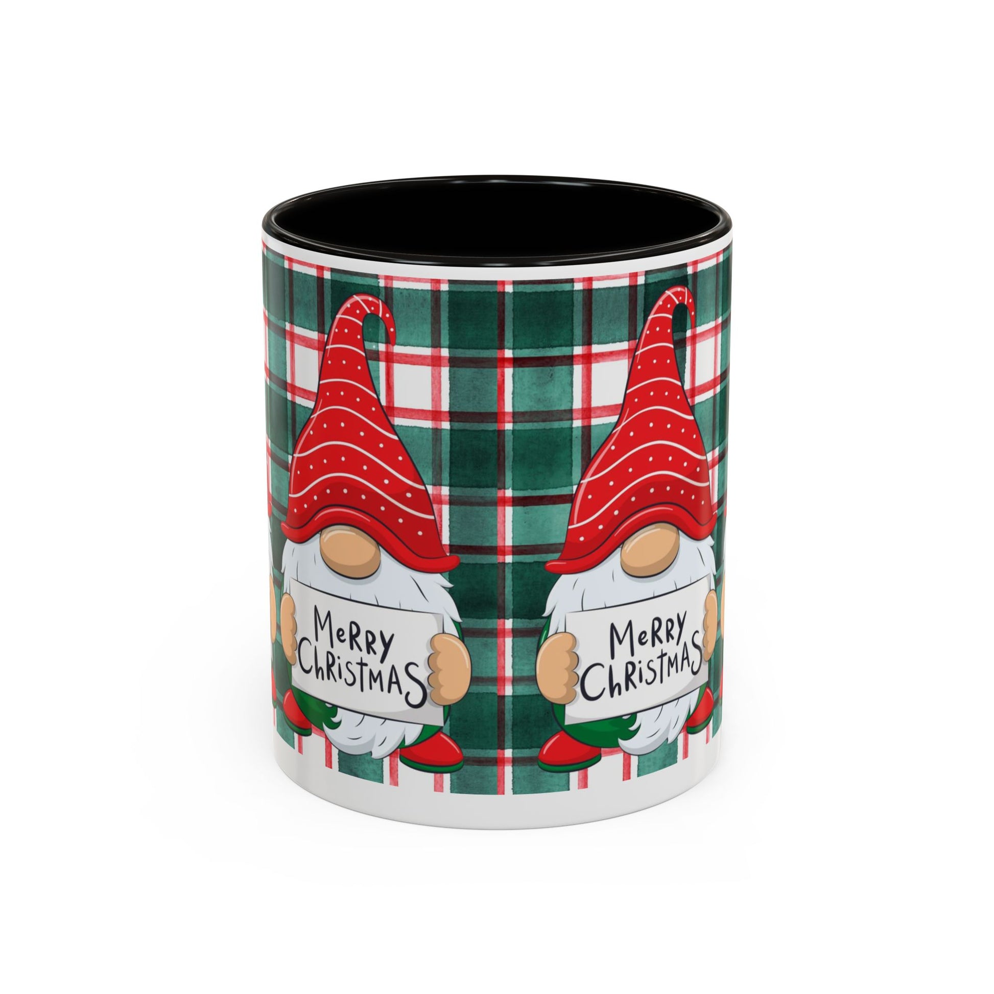 Festive Christmas gnome mug with holiday design, featuring gnomes and a plaid background.