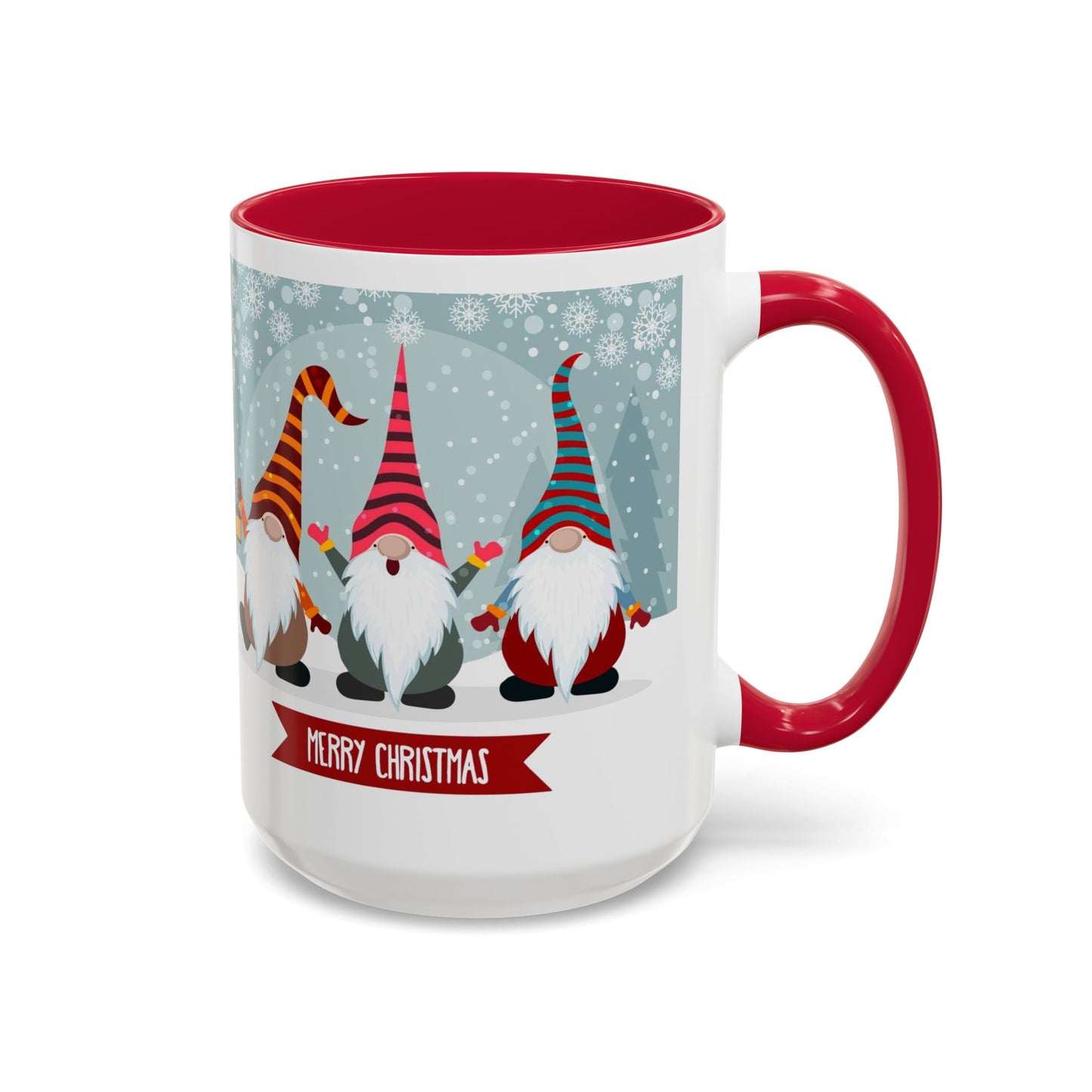 Merry Christmas gnome mug featuring colorful gnomes in festive hats, perfect for holiday coffee.