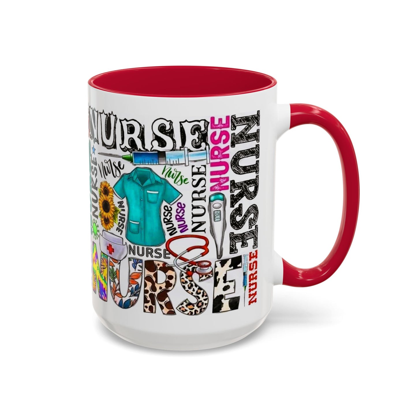 Colorful nurse coffee mug held by hands, ideal gift for nurse appreciation or nursing students.