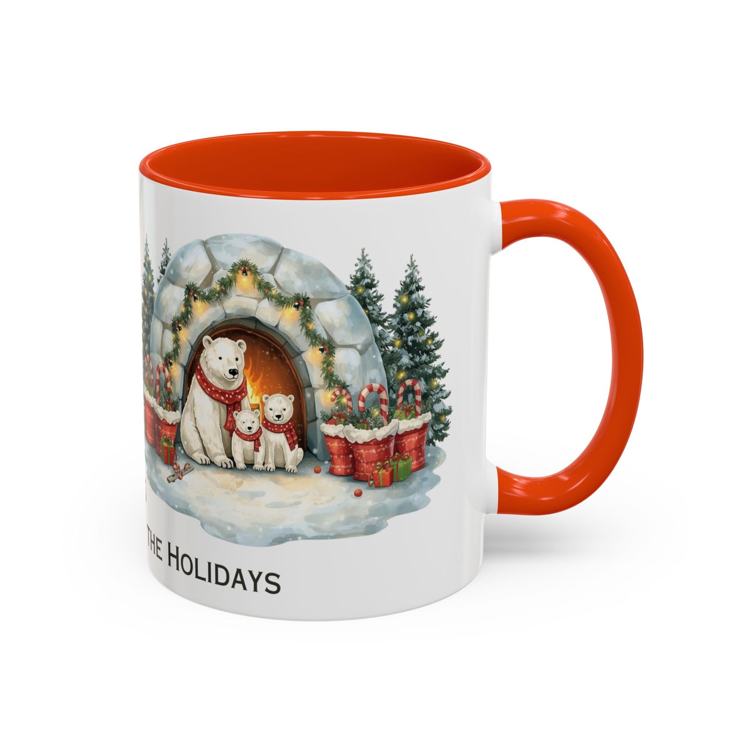 Polar Bear Christmas Mug featuring an igloo family scene with trees and holiday decorations.