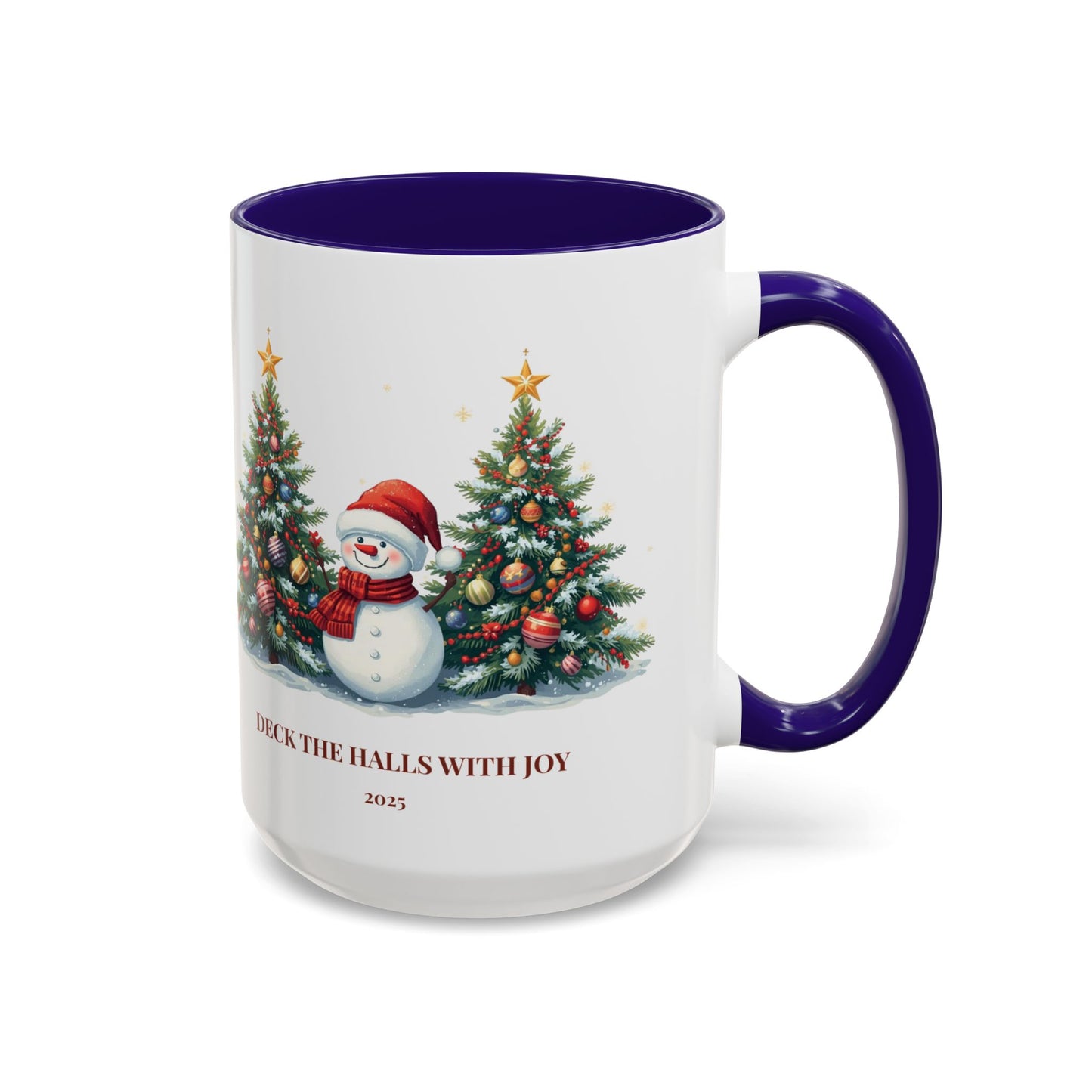 Christmas snowman mug with festive tree design, perfect for holiday drinks and cozy moments.