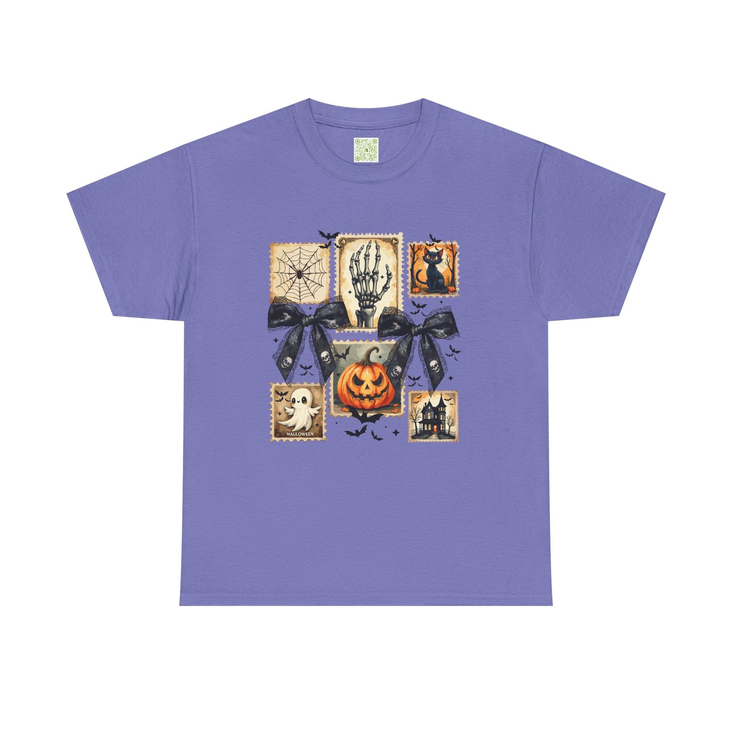 Halloween themed purple t-shirt featuring spooky designs of a skeleton, pumpkin, ghost, and other Halloween motifs.