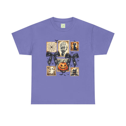 Halloween themed purple t-shirt featuring spooky designs of a skeleton, pumpkin, ghost, and other Halloween motifs.