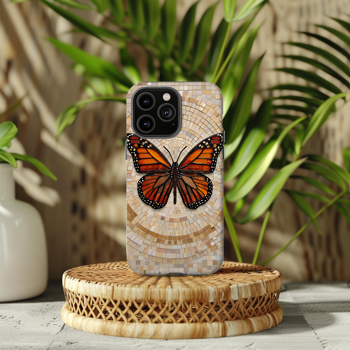 Monarch Butterfly Mosaic iPhone Case, Orange Butterfly Case, Artistic Phone Cover, Trendy iPhone Case, Wireless Charging Cover