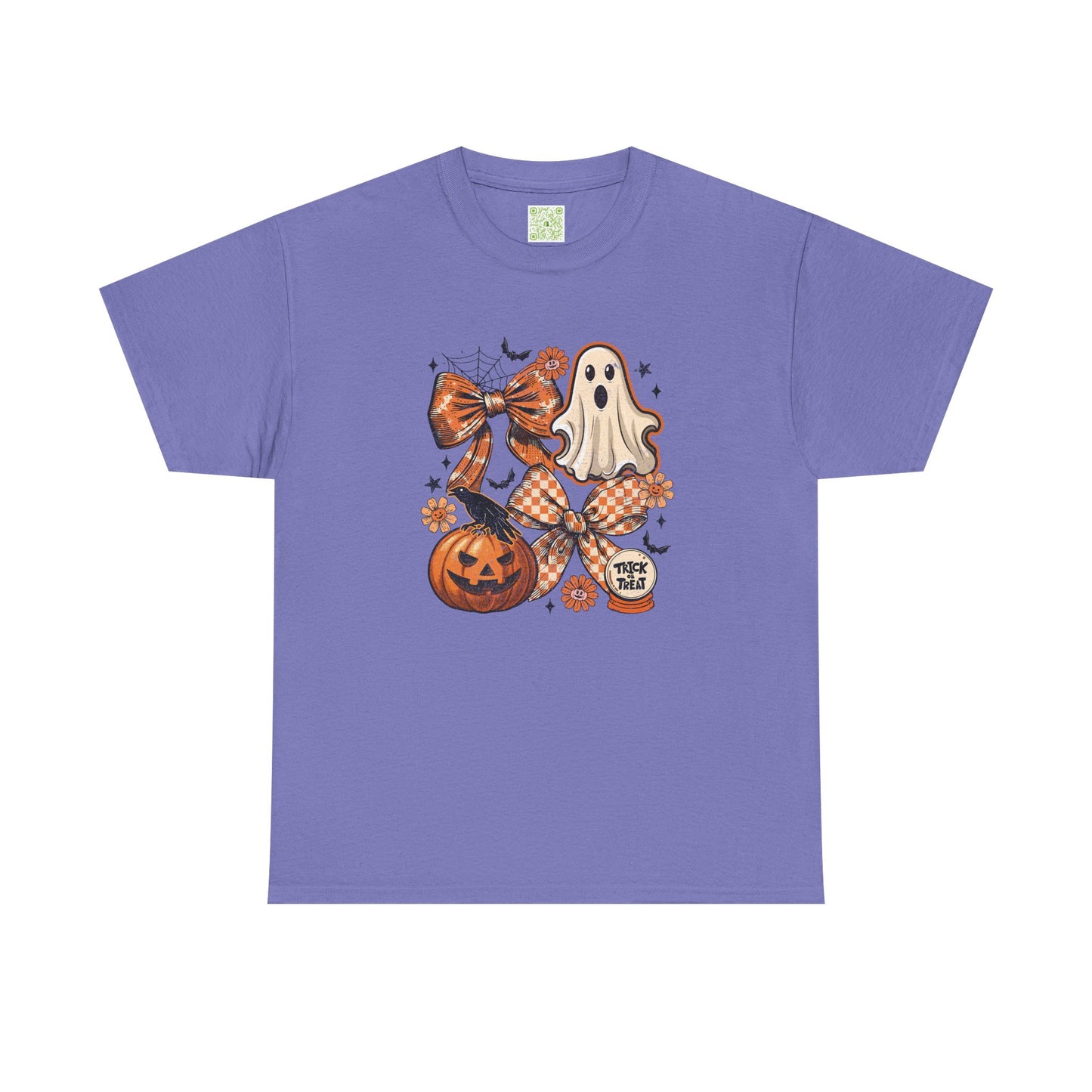 Vintage Coquette Halloween Tee featuring a ghost, pumpkin, and autumn elements on a purple t-shirt.