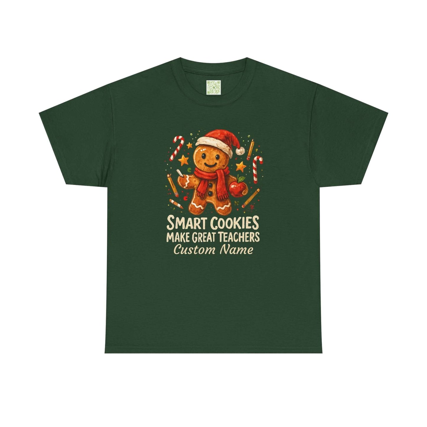 Gingerbread teacher holiday shirt with the phrase 'Smart Cookies Make Great Teachers' and festive decorations.