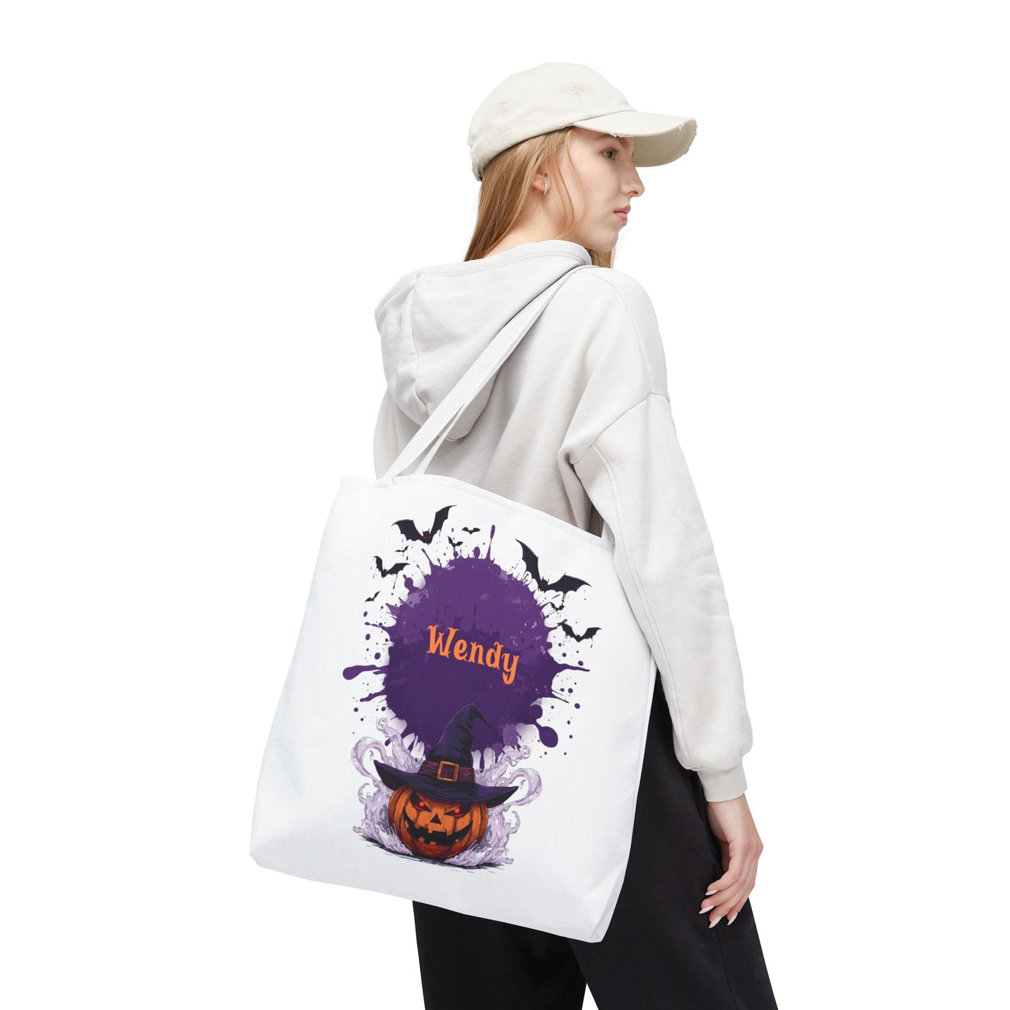Personalized Kids Halloween Treat Bag featuring a witch hat and pumpkins, custom name 'Wendy' in spooky design.