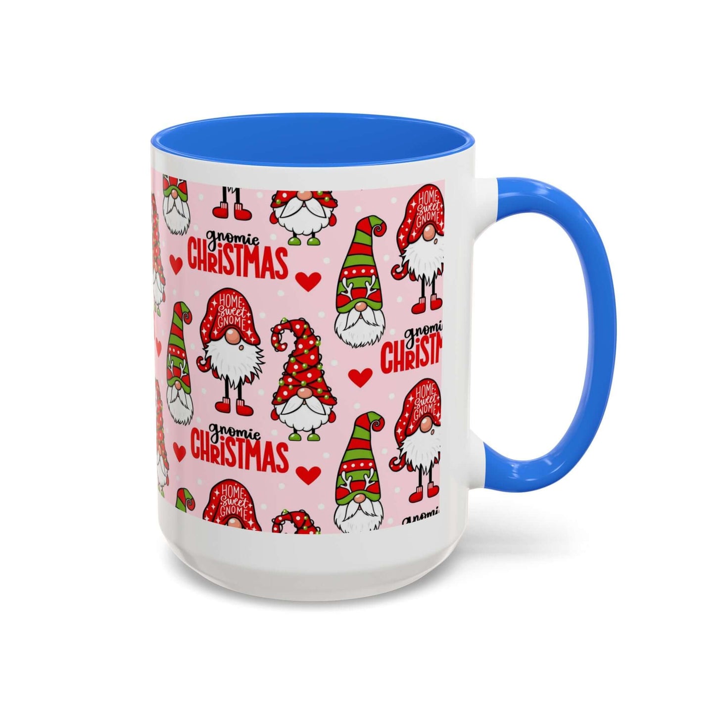 Festive Christmas gnome coffee mug with blue handle, playful pink background, and adorable gnome designs.