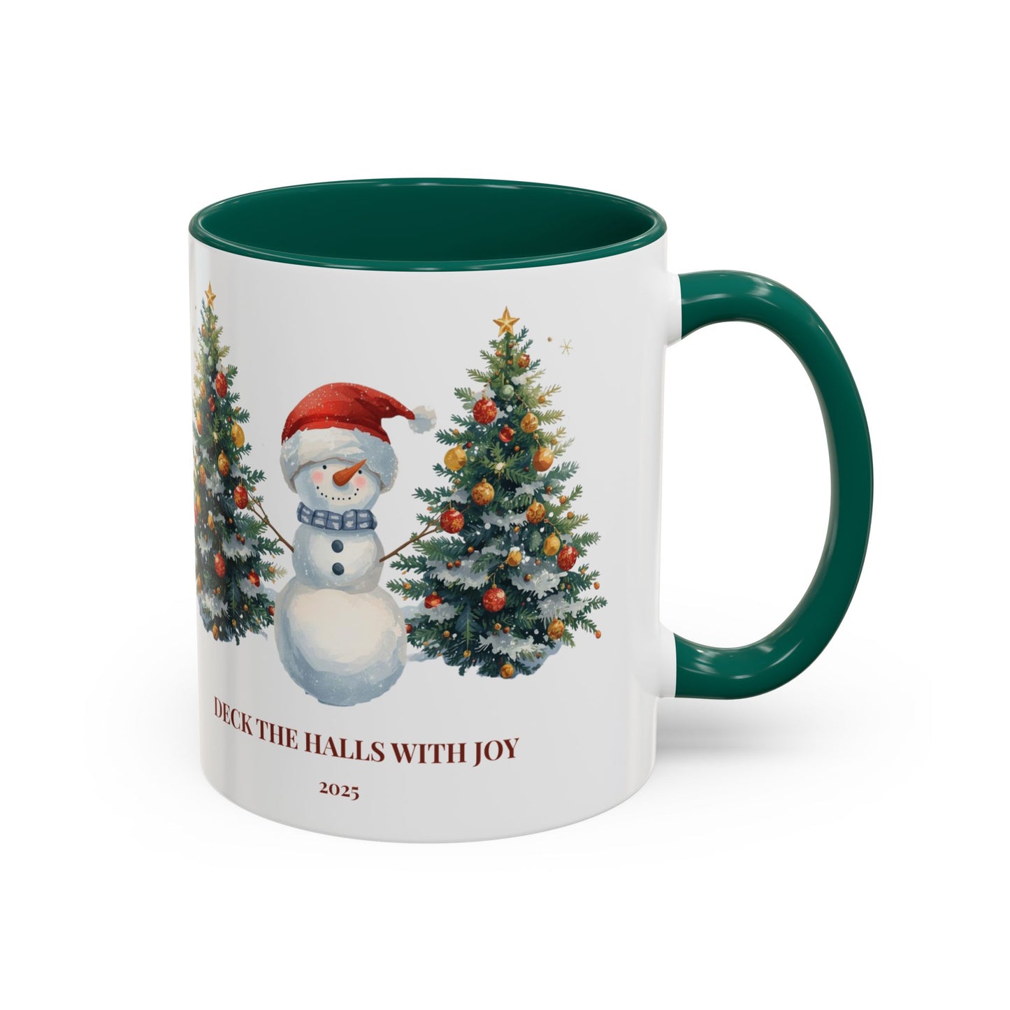 Festive snowman coffee mug featuring cheerful Christmas trees and a joyful holiday design.