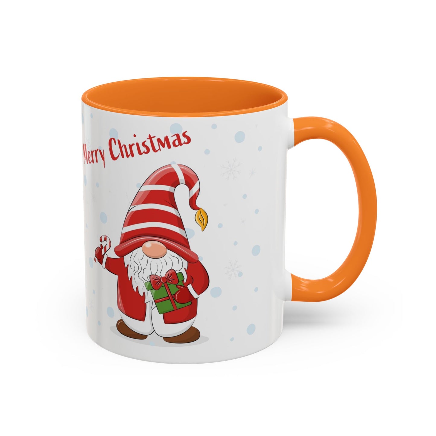Merry Christmas gnome mug with candy cane and gift design, perfect for holiday beverages.