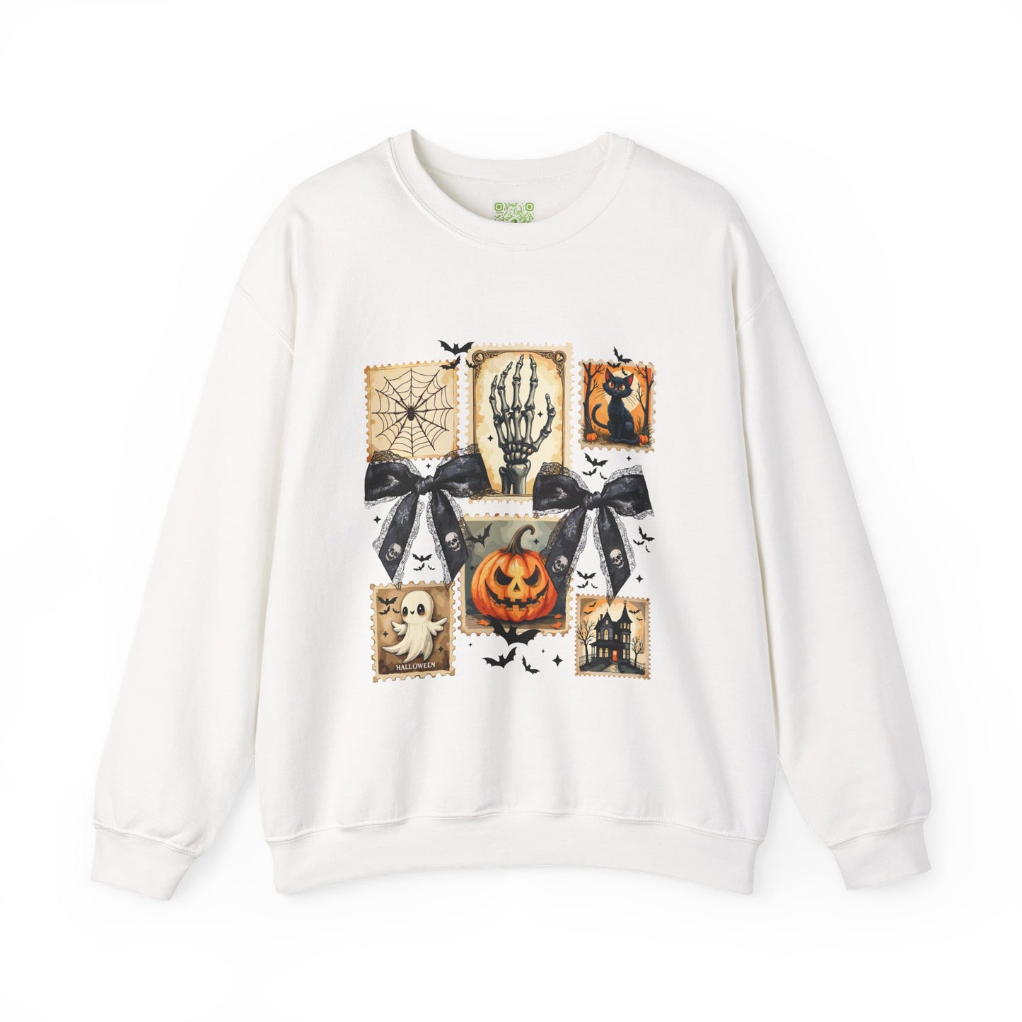 Halloween themed sweatshirt with spooky graphics like skeletons, pumpkins, and ghosts for a festive fall look.