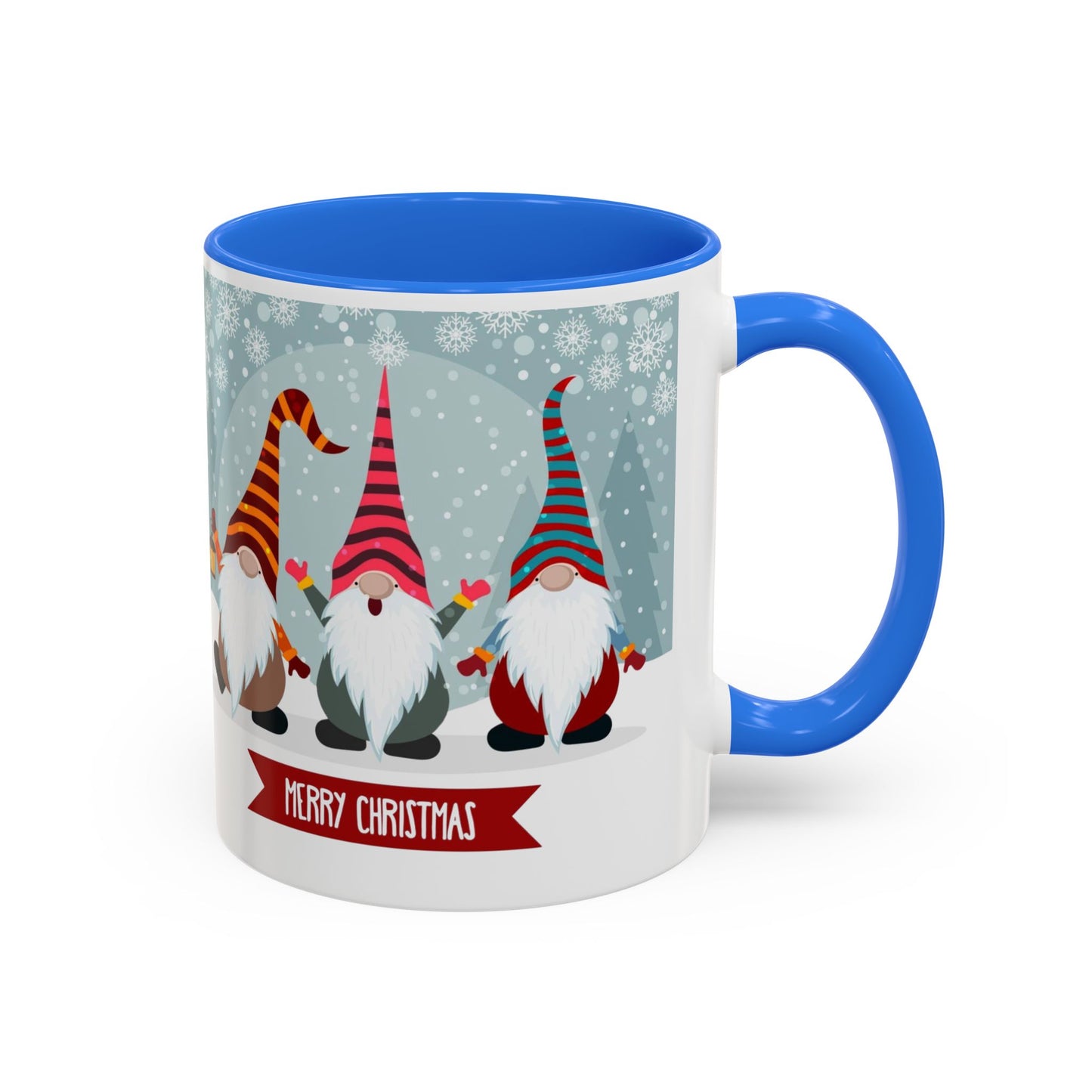 Merry Christmas gnome mug featuring colorful gnomes in festive hats, perfect for holiday coffee.